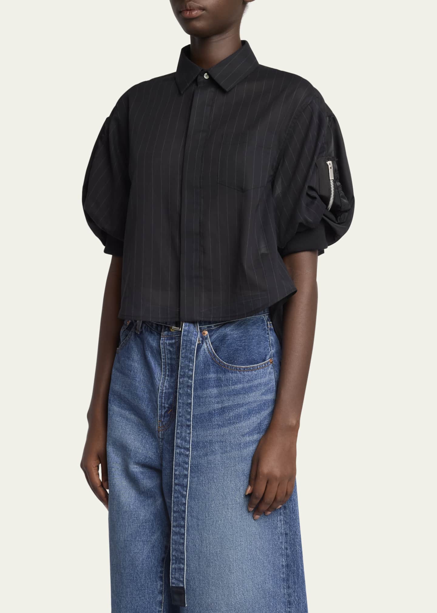 SACAI Hybrid Pinstripe Puff-Sleeve Blouse Image 4 of 5