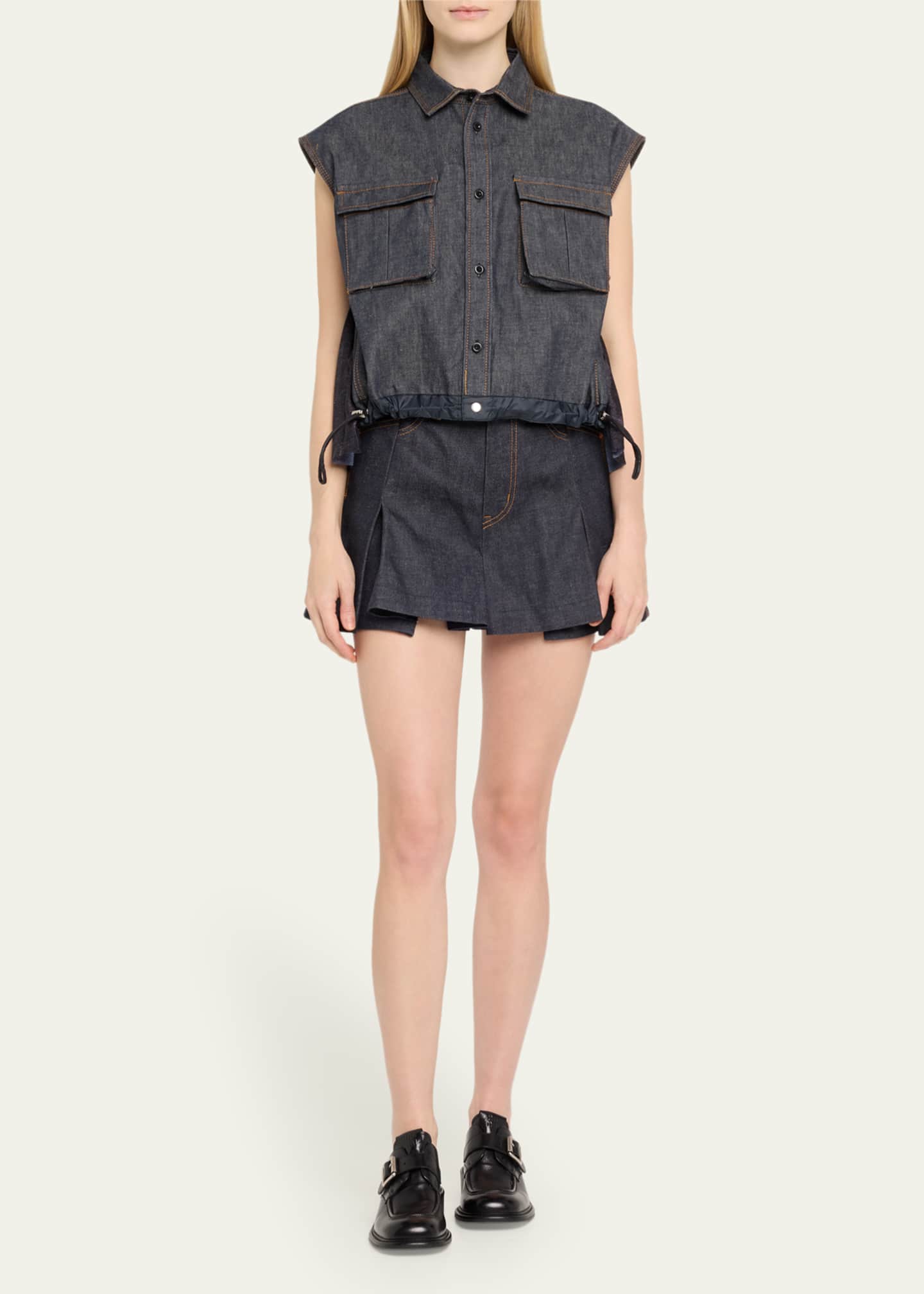 SACAI Denim Mix Pleated Back Drawcord Shirt - Bergdorf Goodman
