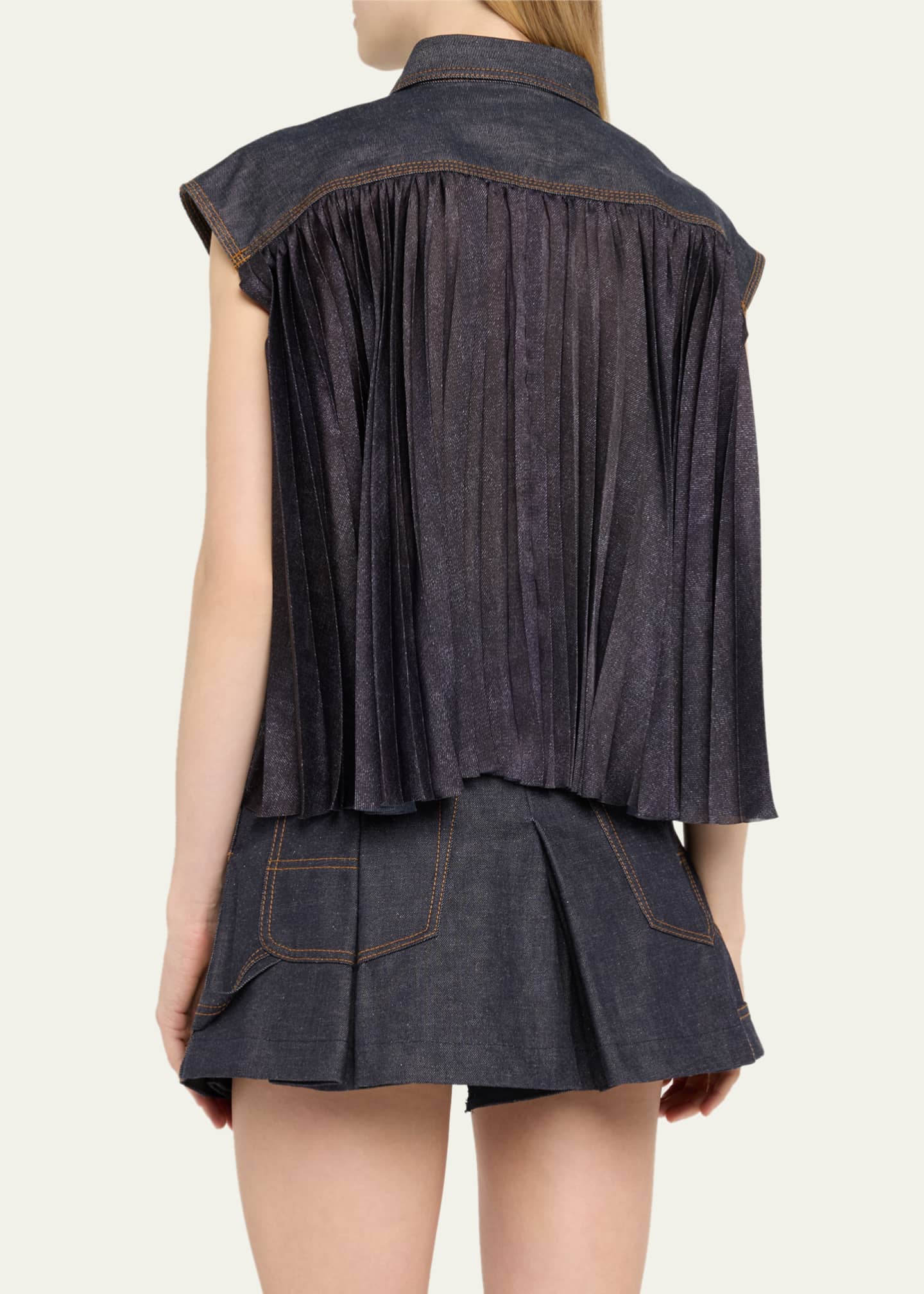 SACAI Denim Mix Pleated Back Drawcord Shirt - Bergdorf Goodman