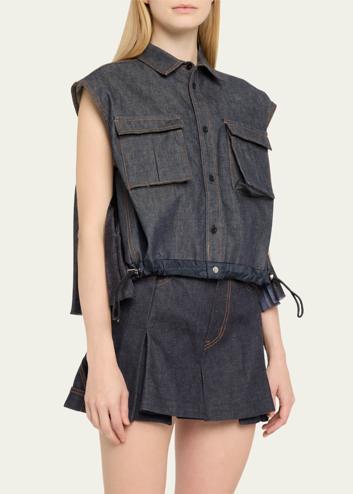 SACAI Denim Mix Pleated Back Drawcord Shirt - Bergdorf Goodman