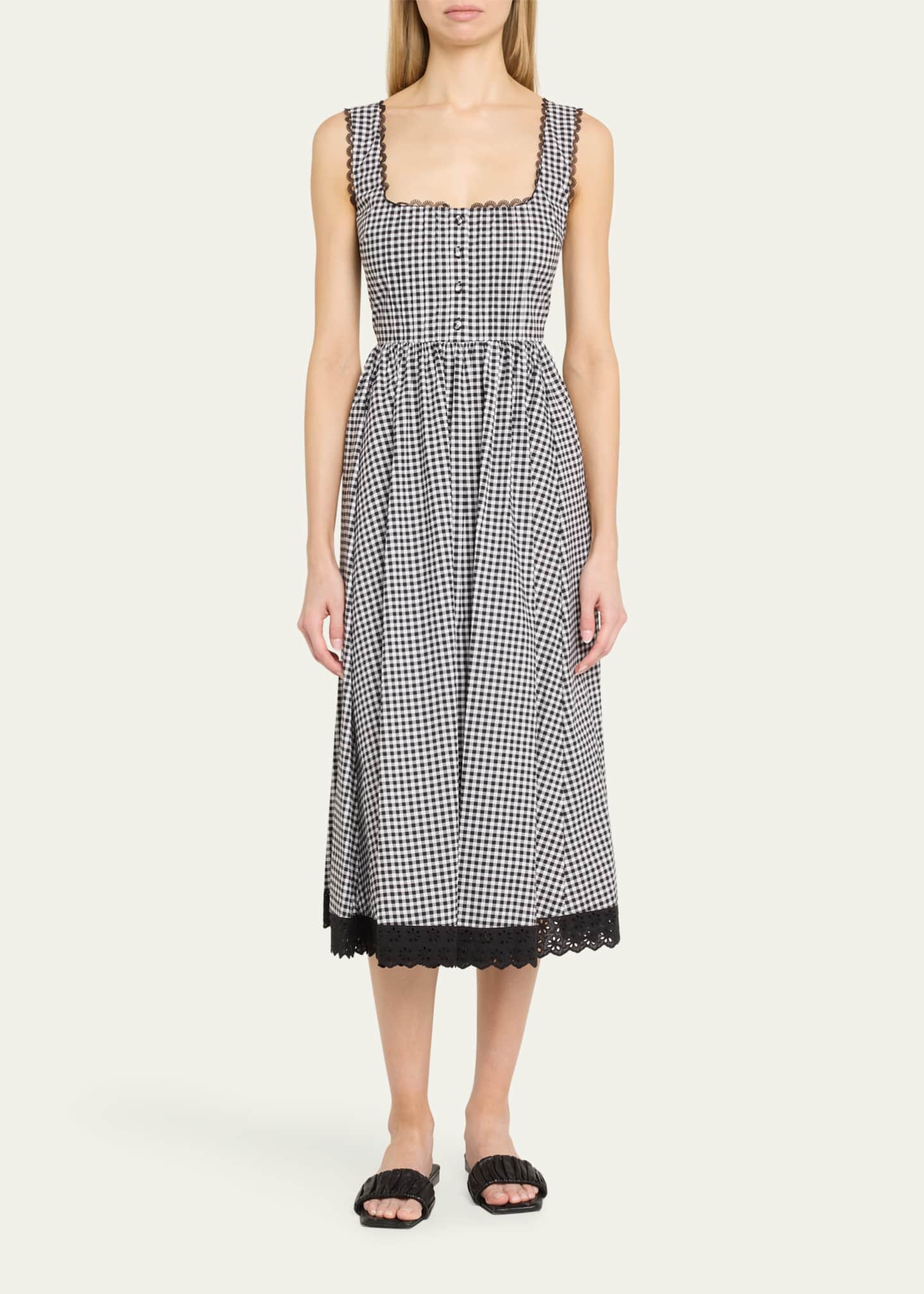 Caroline Constas Alanna Gingham Lace-Trim Midi Dress Image 2 of 5