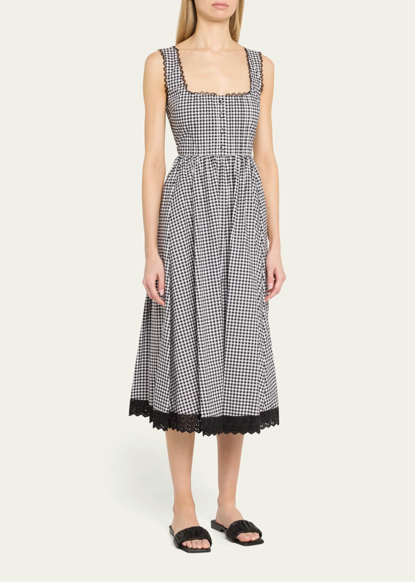 Caroline Constas Alanna Gingham Lace-Trim Midi Dress Image 4 of 5