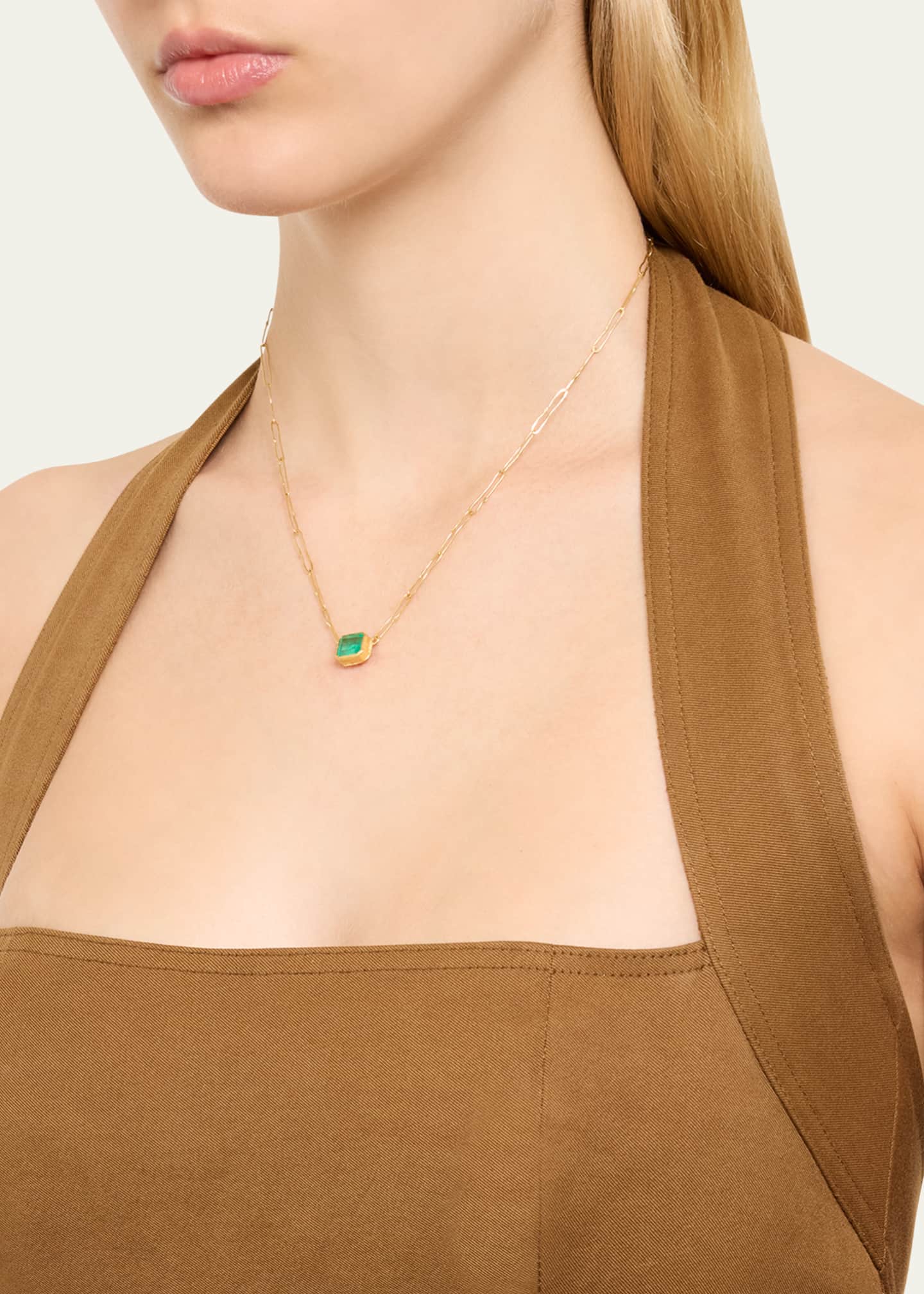 JUDY GEIB 18K Gold Rectangular Colombian Emerald Echo Necklace on Handmade Chain, 17"L Image 2 of 4