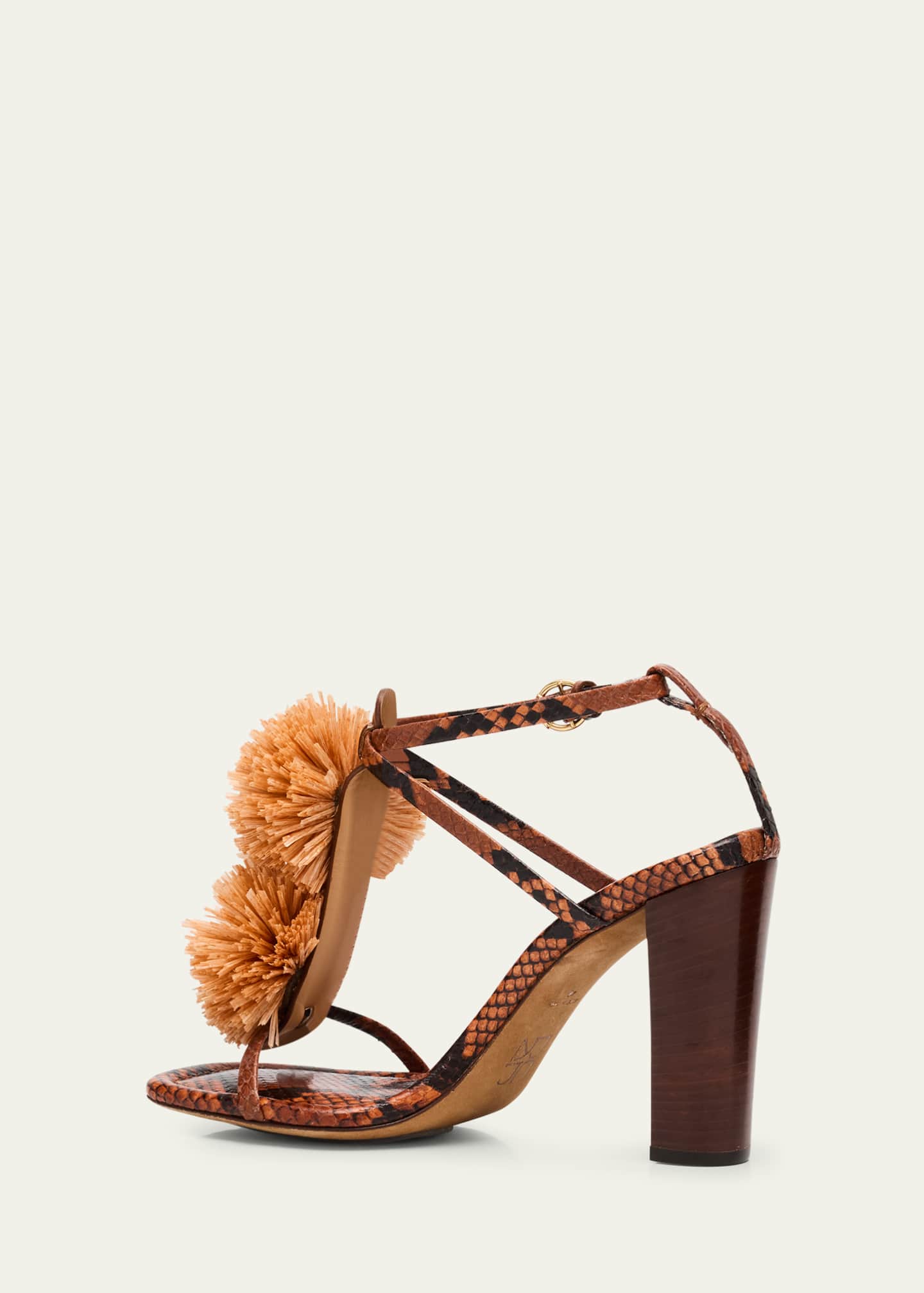 Ulla Johnson Isolde Embossed Snake Pom Pom T-Strap Sandals Image 2 of 4