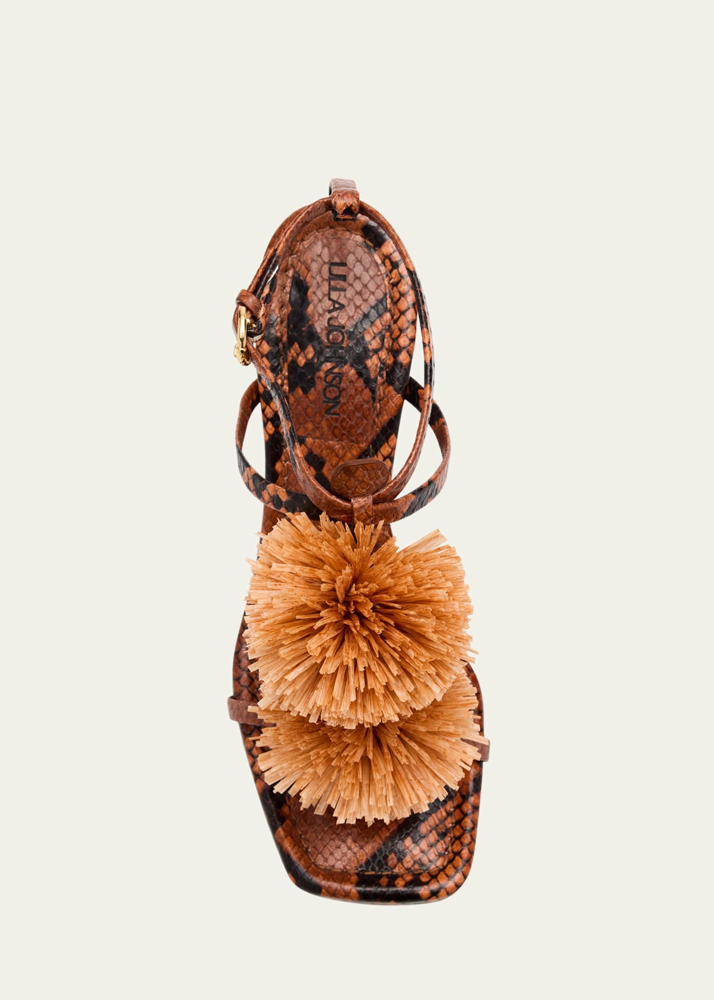 Ulla Johnson Isolde Embossed Snake Pom Pom T-Strap Sandals Image 4 of 4