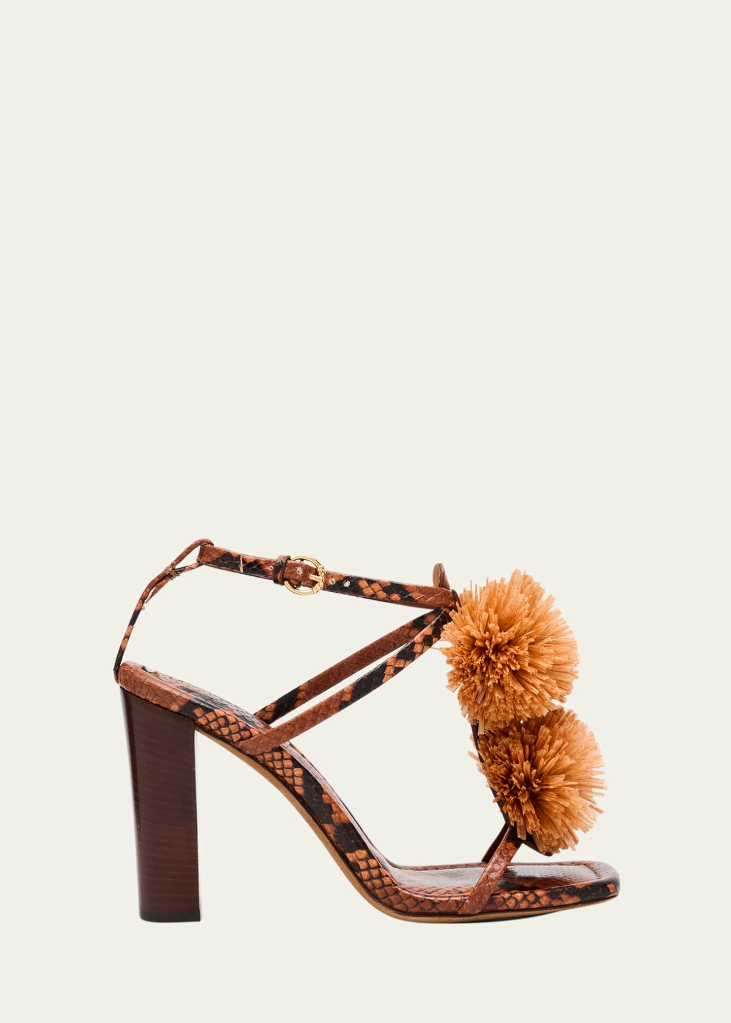 Ulla Johnson Isolde Embossed Snake Pom Pom T-Strap Sandals Image 1 of 4