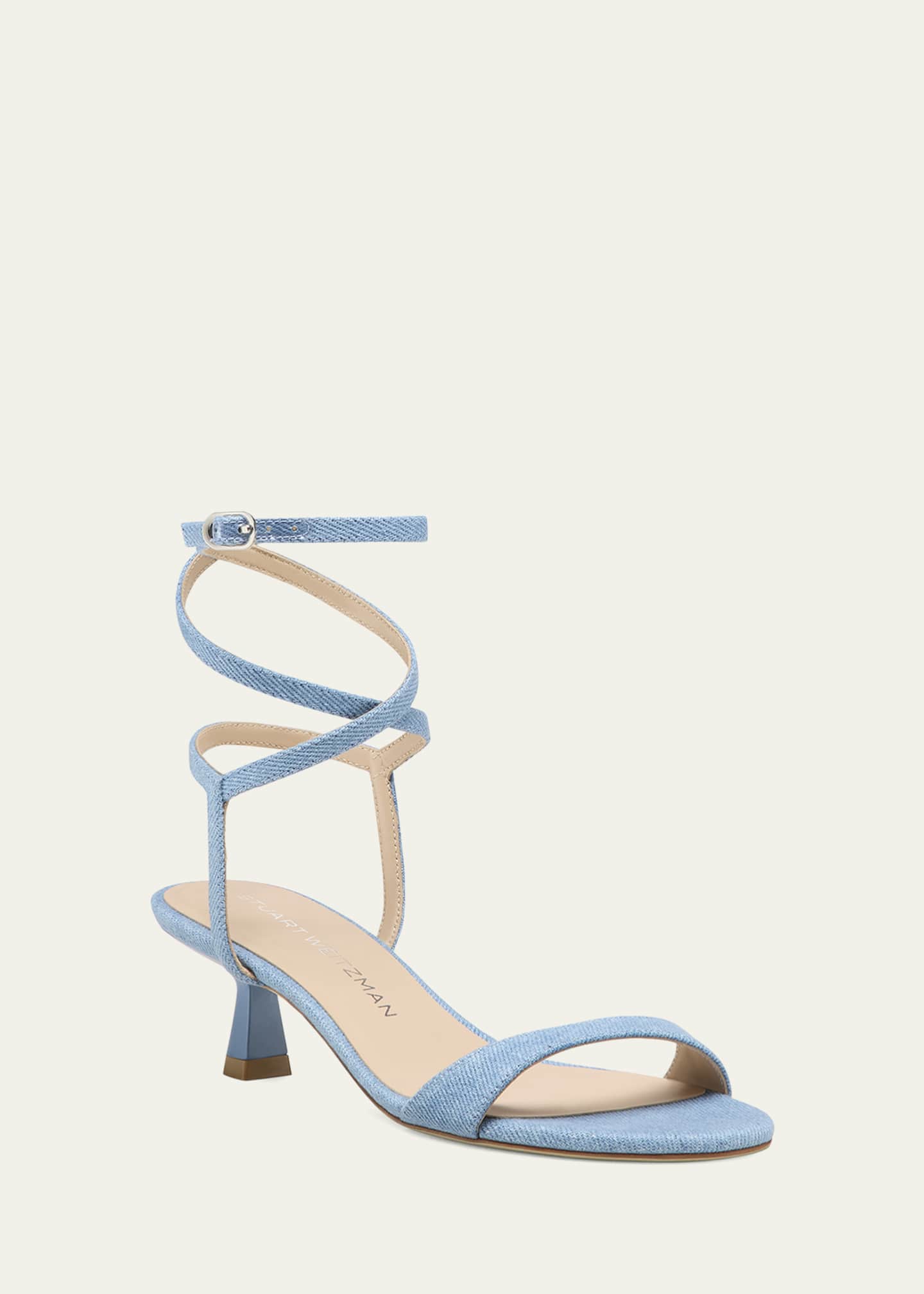 Stuart Weitzman Nudist Denim Ankle-Strap Kitten Sandals Image 2 of 2