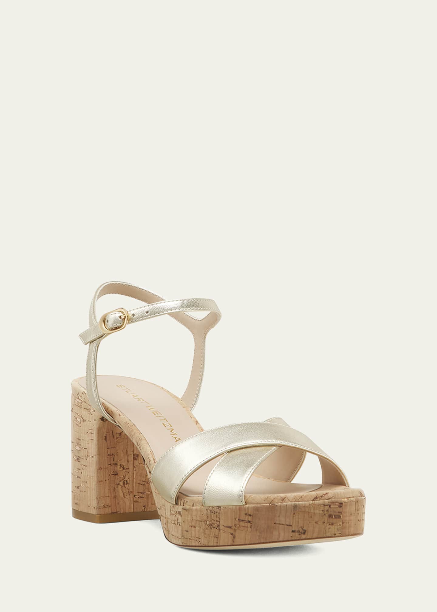 Stuart Weitzman Dayna Metallic Cork Crisscross Platform Sandals Image 2 of 3
