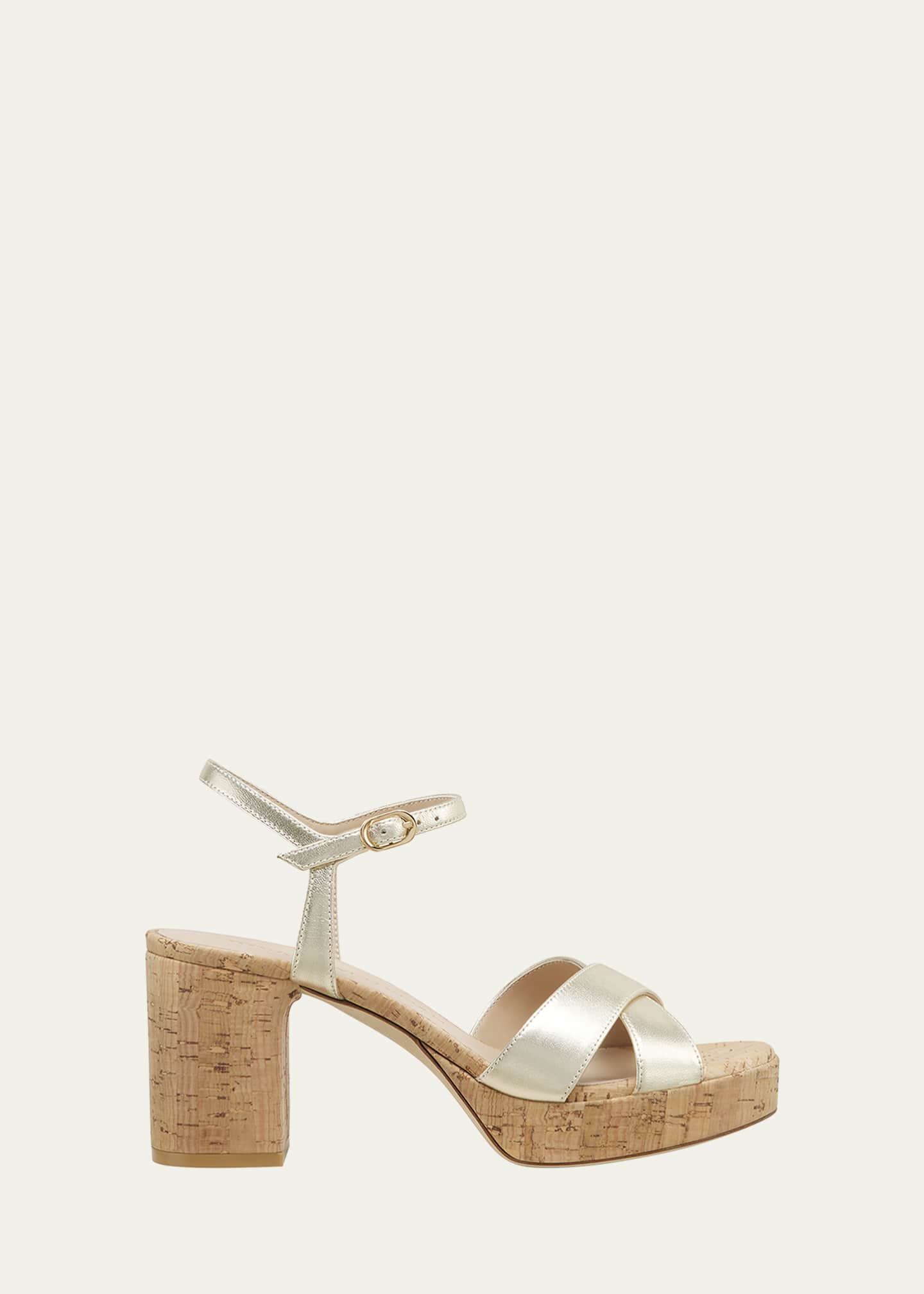 Stuart Weitzman Dayna Metallic Cork Crisscross Platform Sandals Image 1 of 3
