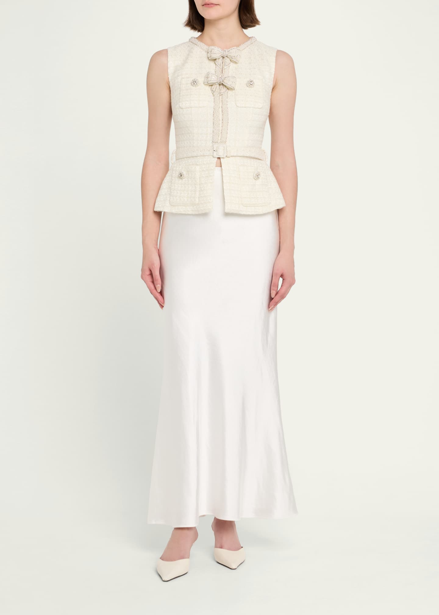 Embellished Boucle Mixed-Media Midi Dress