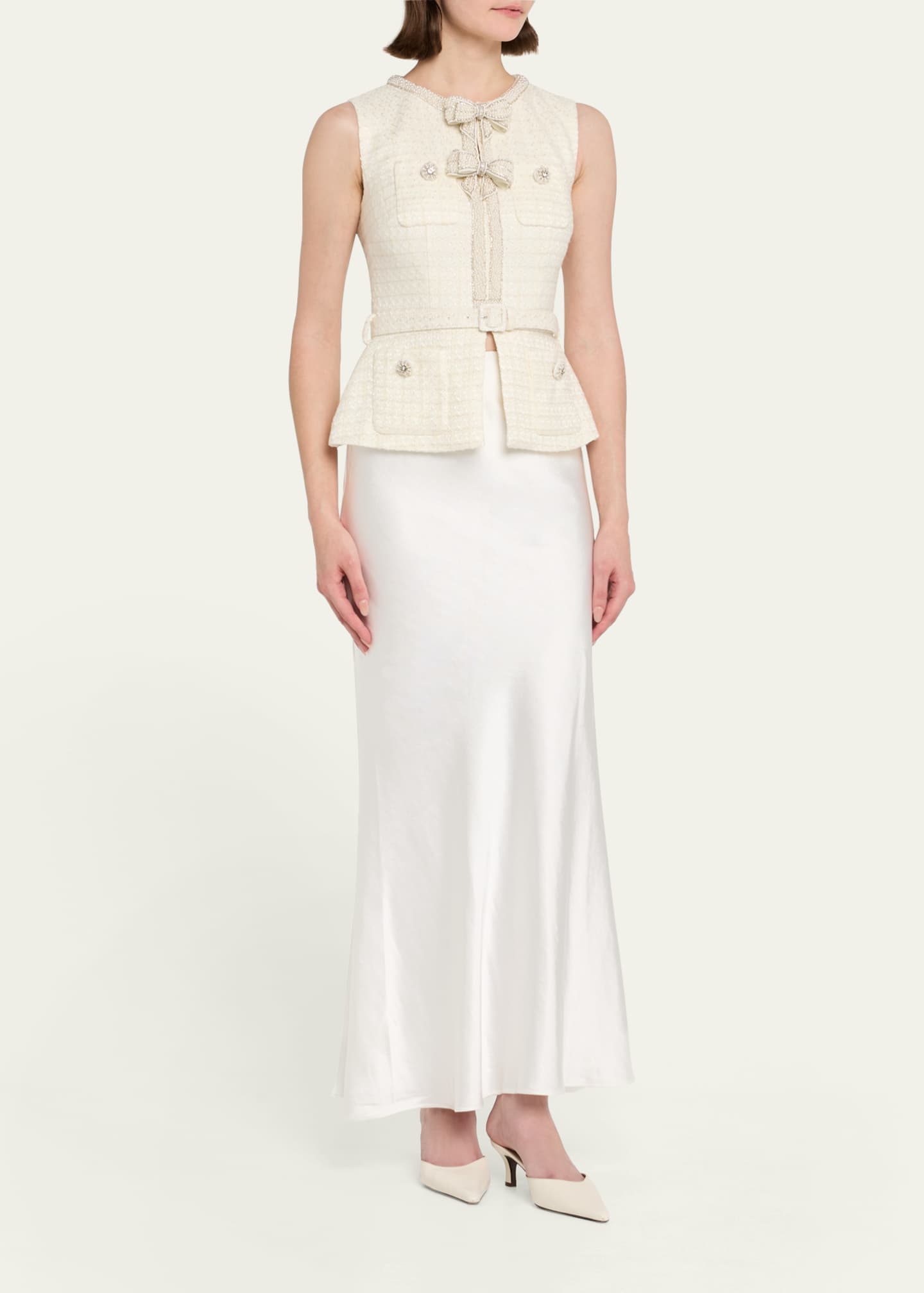 Embellished Boucle Mixed-Media Midi Dress