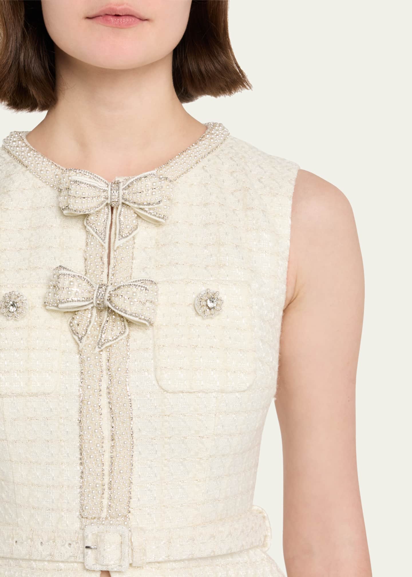 Embellished Boucle Mixed-Media Midi Dress