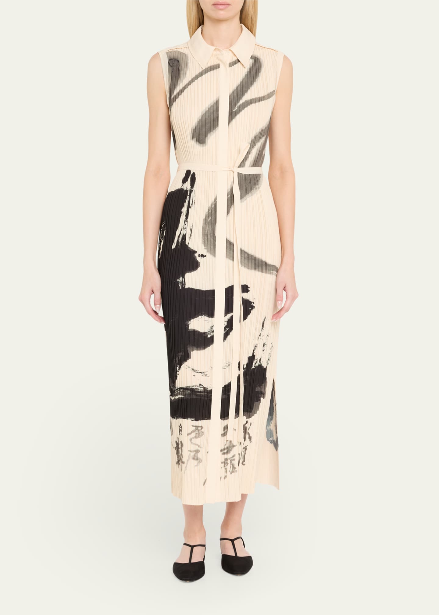 Pleated Sleeveless Maxi Shirtdress With Artwork By Tong - Thumbnail 2