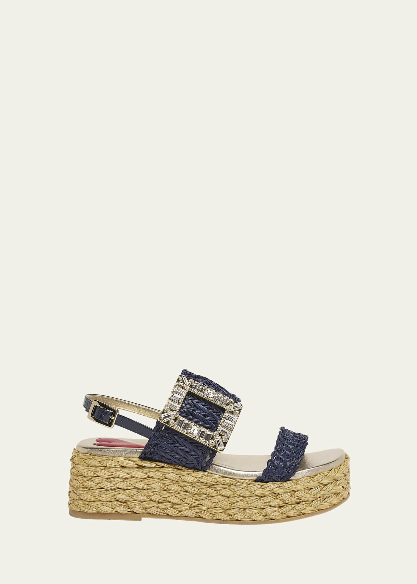 Roger Vivier Summer Strass-Buckle Raffia Platform Sandals Image 1 of 4