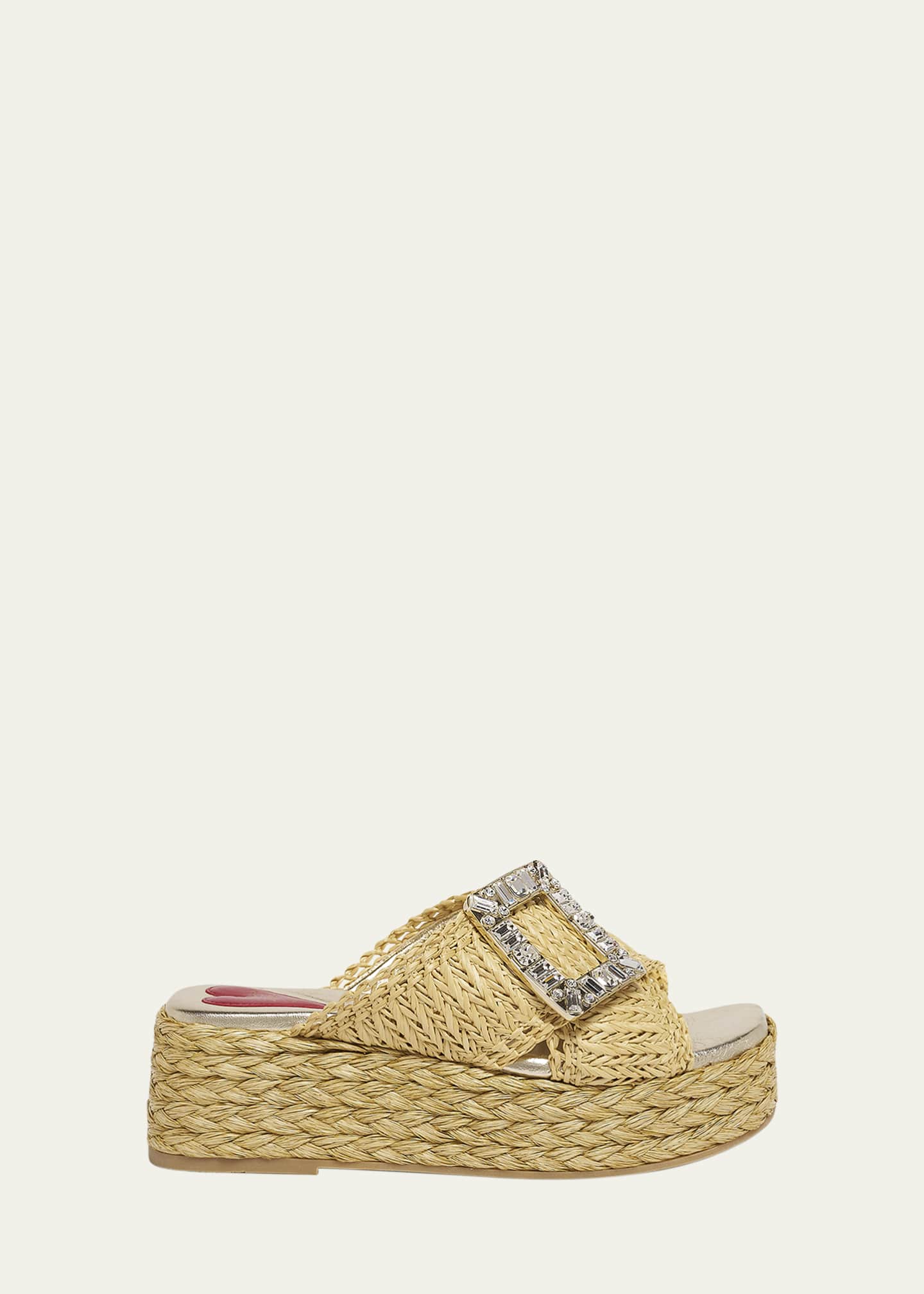 Roger Vivier Strass-Buckle Raffia Platform Sandals Image 1 of 4