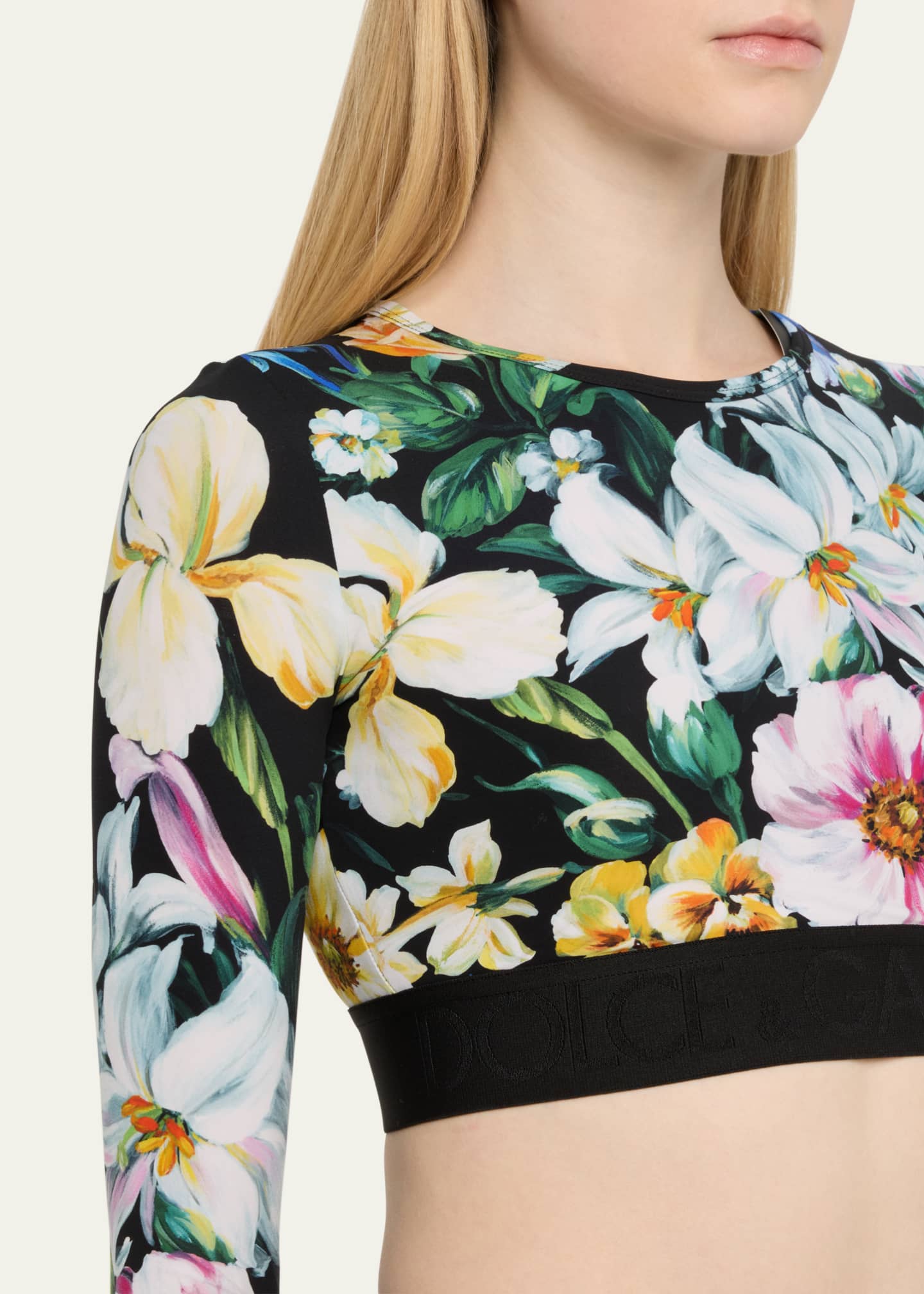 DOLCE&GABBANAボリュームスリーブ トップス Dolce&Gabbana Mix Fiori Long-Sleeve Crop Top - Bergdorf Goodman
