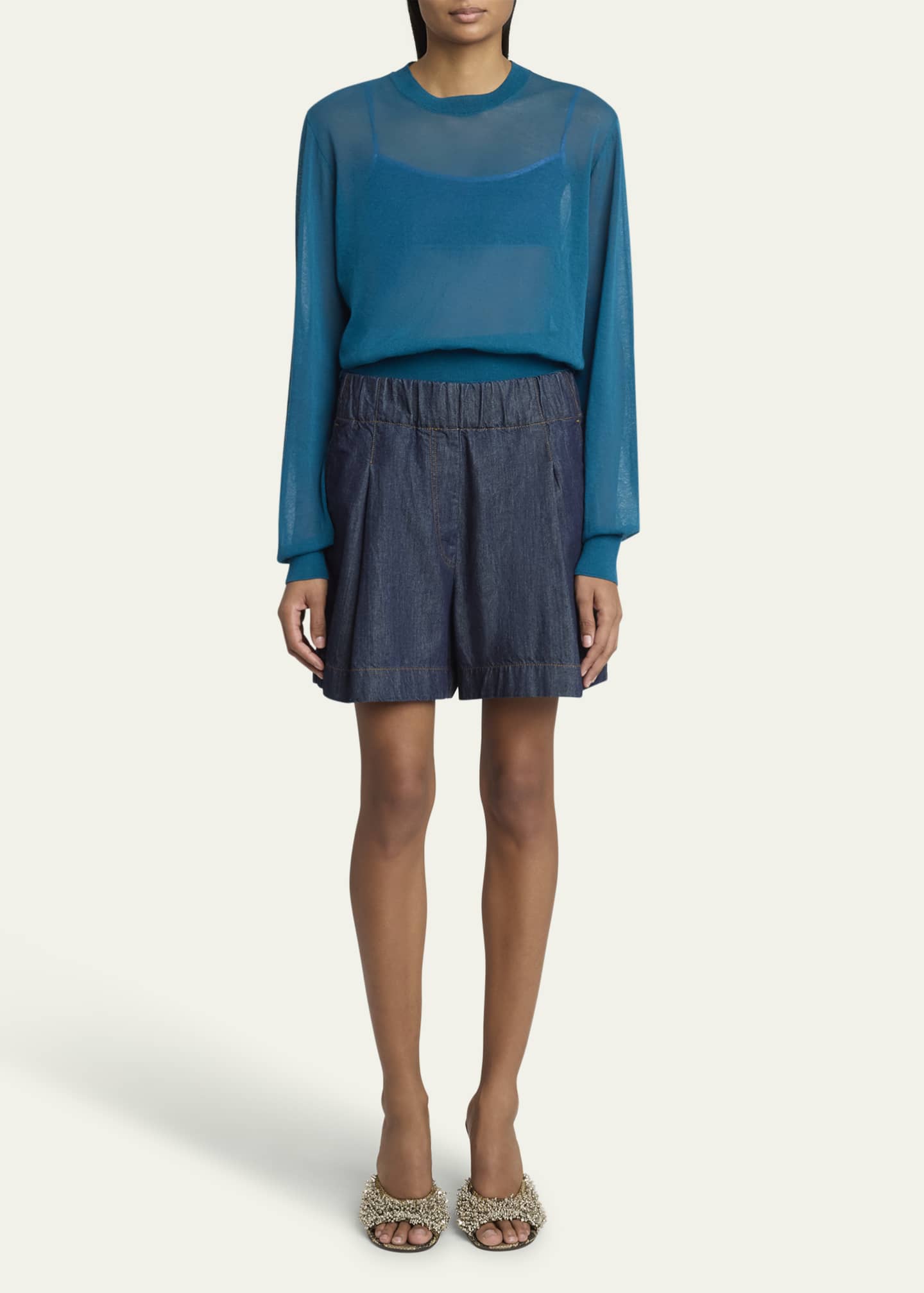 Pila Elastic Waistband Denim Shorts - Thumbnail 2
