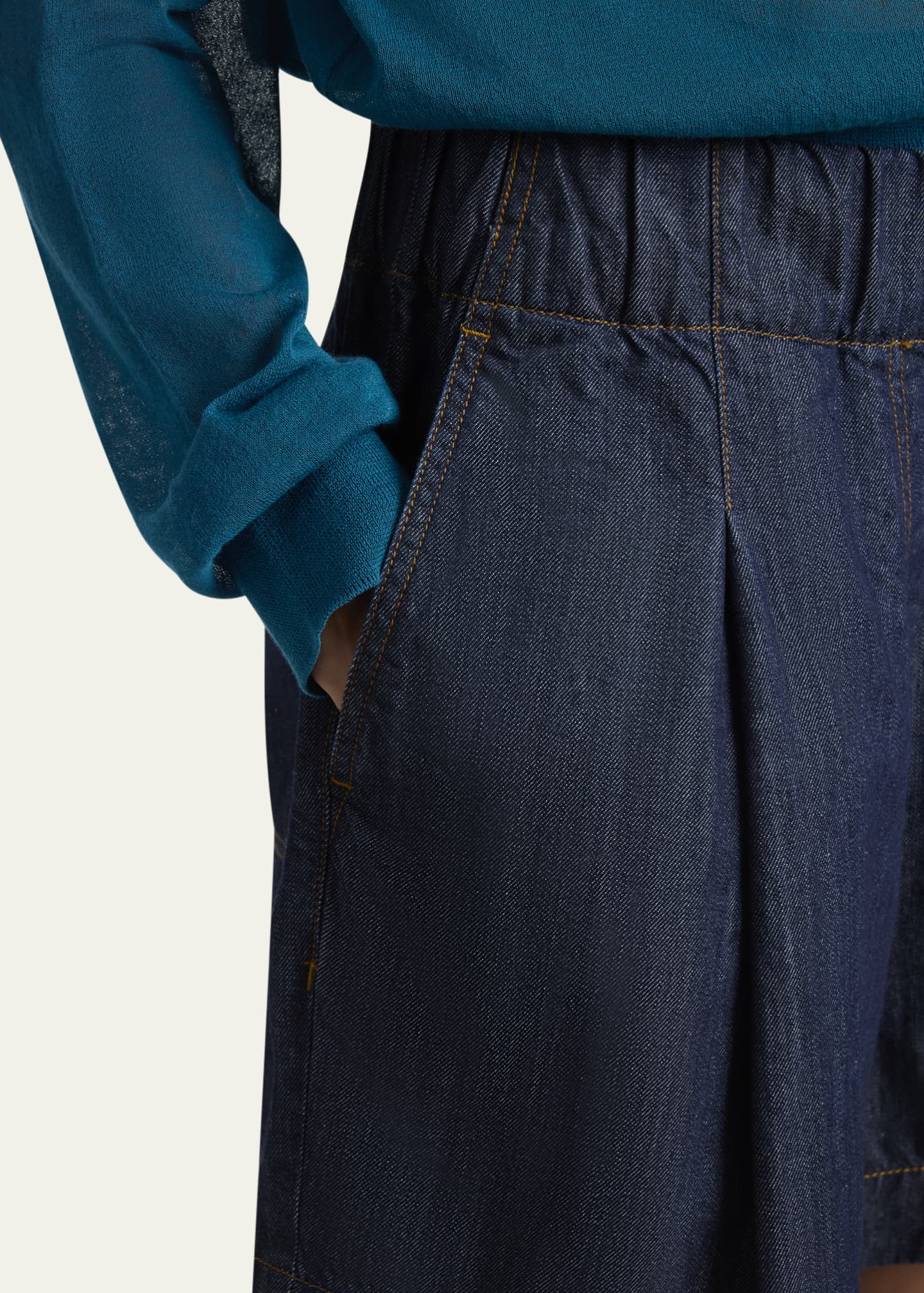 Pila Elastic Waistband Denim Shorts - Thumbnail 5