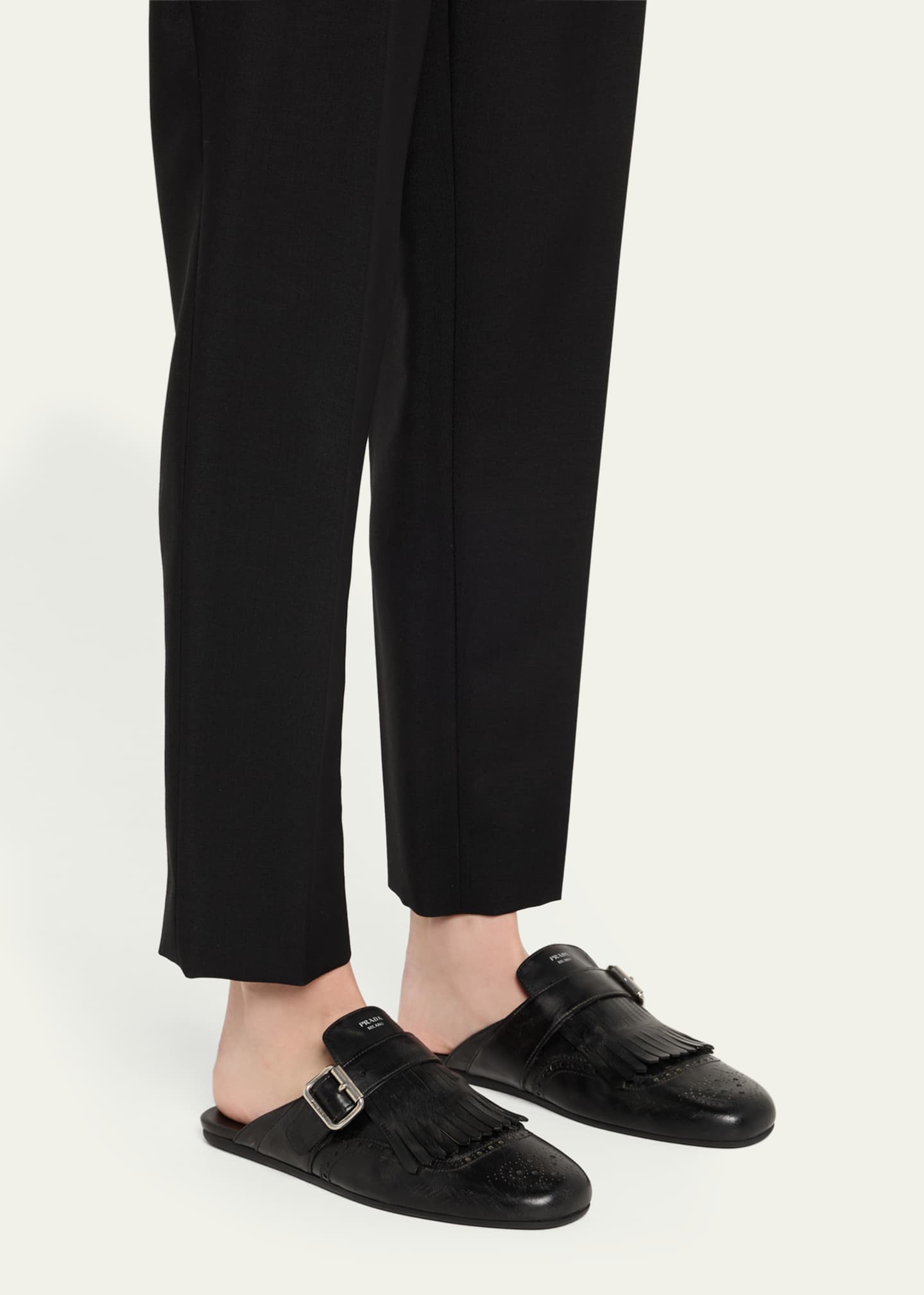 Prada Vitello Leather Fringe Shuffle Mule Loafers Image 2 of 6