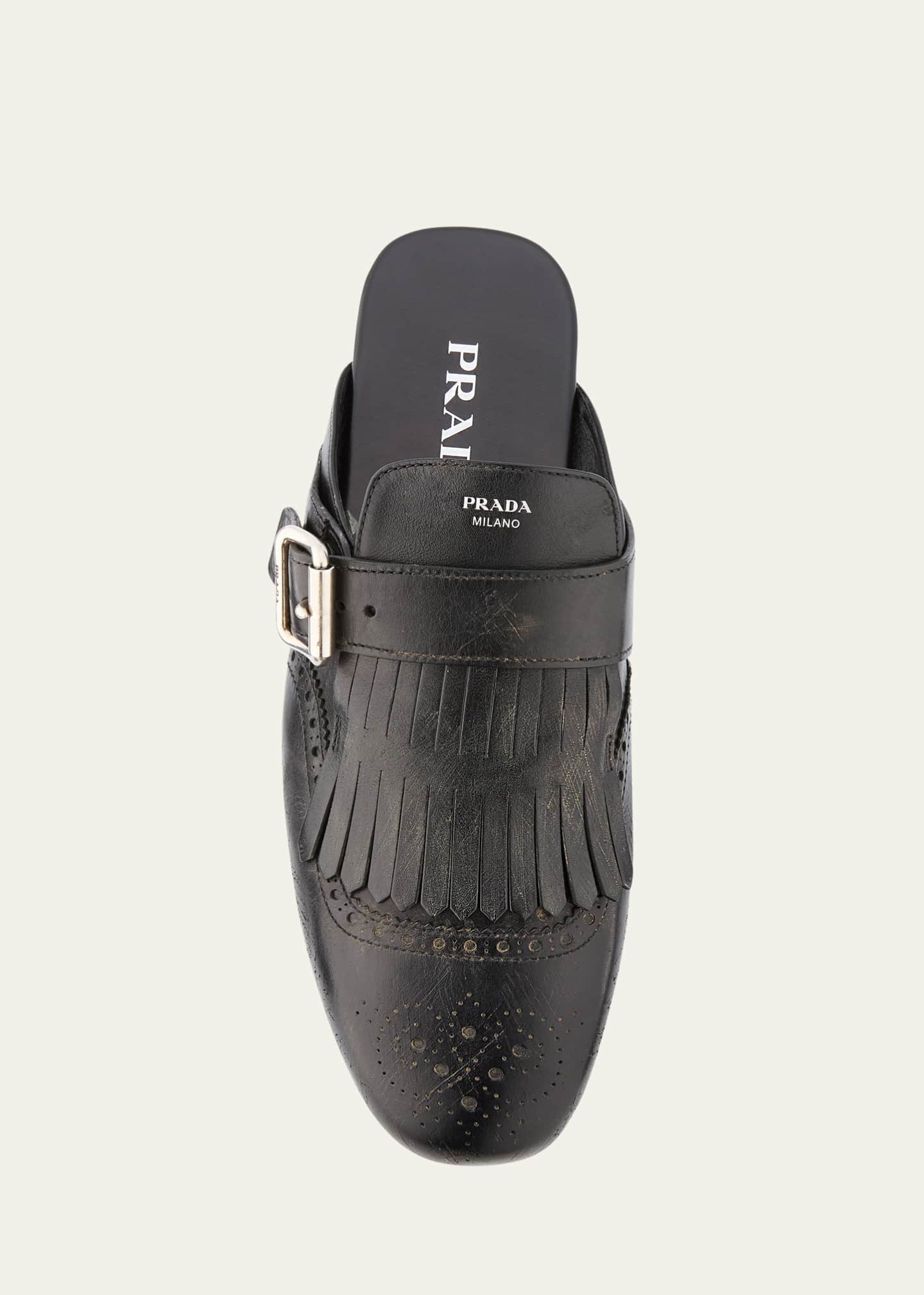 Prada Vitello Leather Fringe Shuffle Mule Loafers Image 6 of 6
