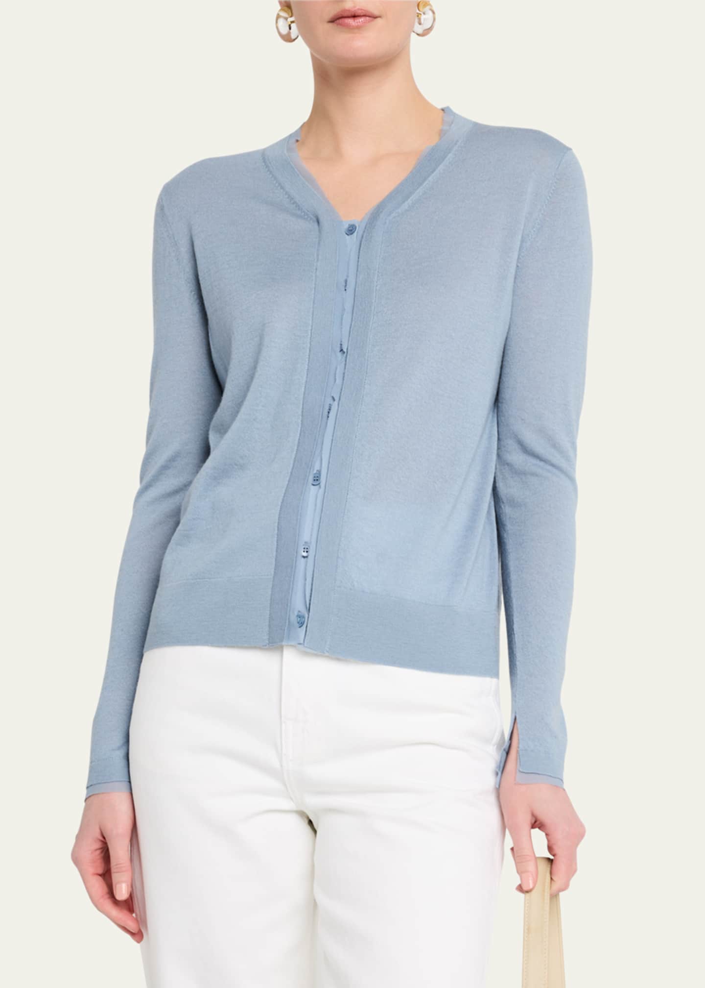Lafayette 148 New York Chiffon-Trim Cashmere Cardigan Image 4 of 5