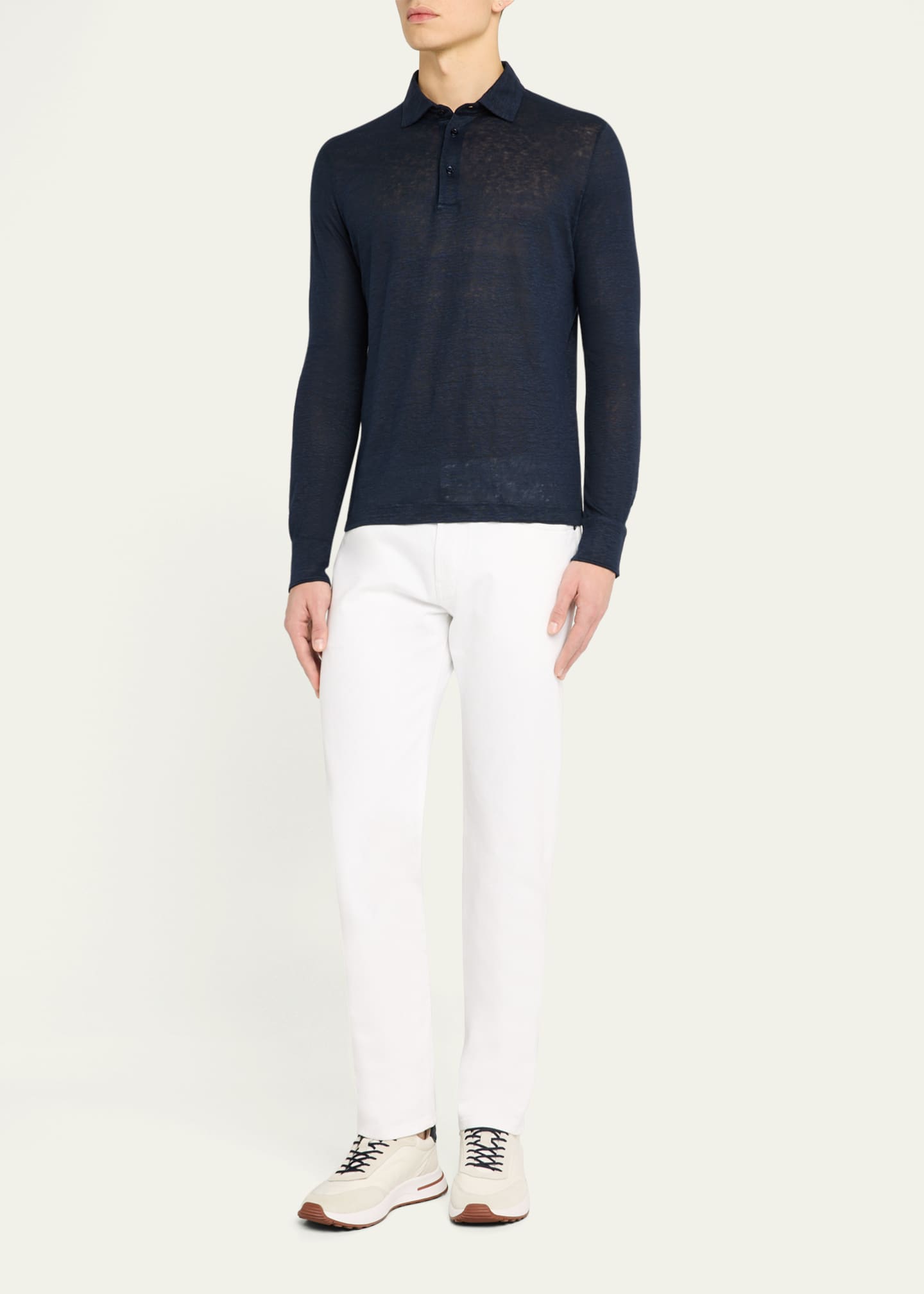 Loro Piana Men's Sam Linen Long-Sleeve Polo Shirt Image 2 of 5