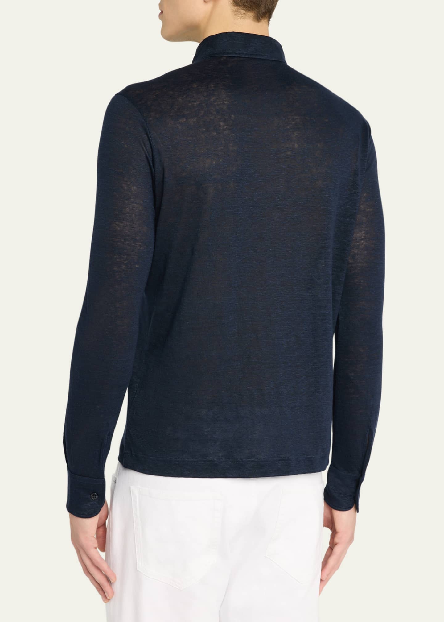 Loro Piana Men's Sam Linen Long-Sleeve Polo Shirt Image 3 of 5