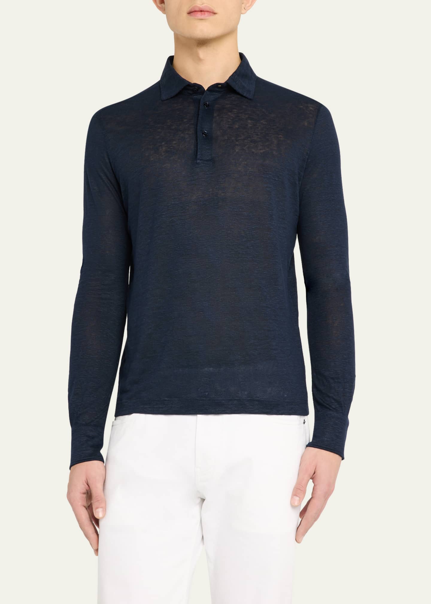 Loro Piana Men's Sam Linen Long-Sleeve Polo Shirt Image 4 of 5