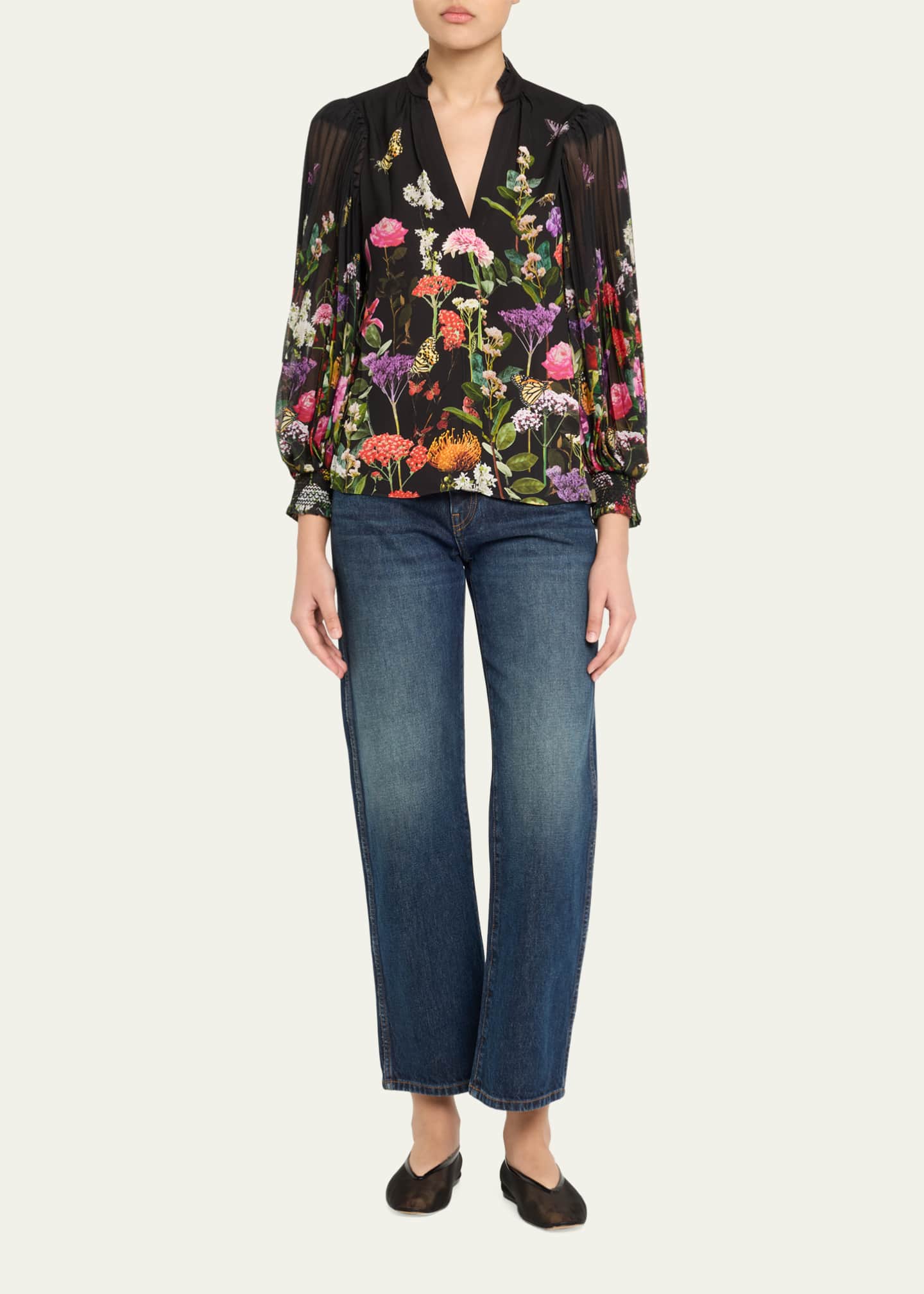 Alice + Olivia Ilan Pleated Blouson-Sleeve Blouse Image 2 of 5
