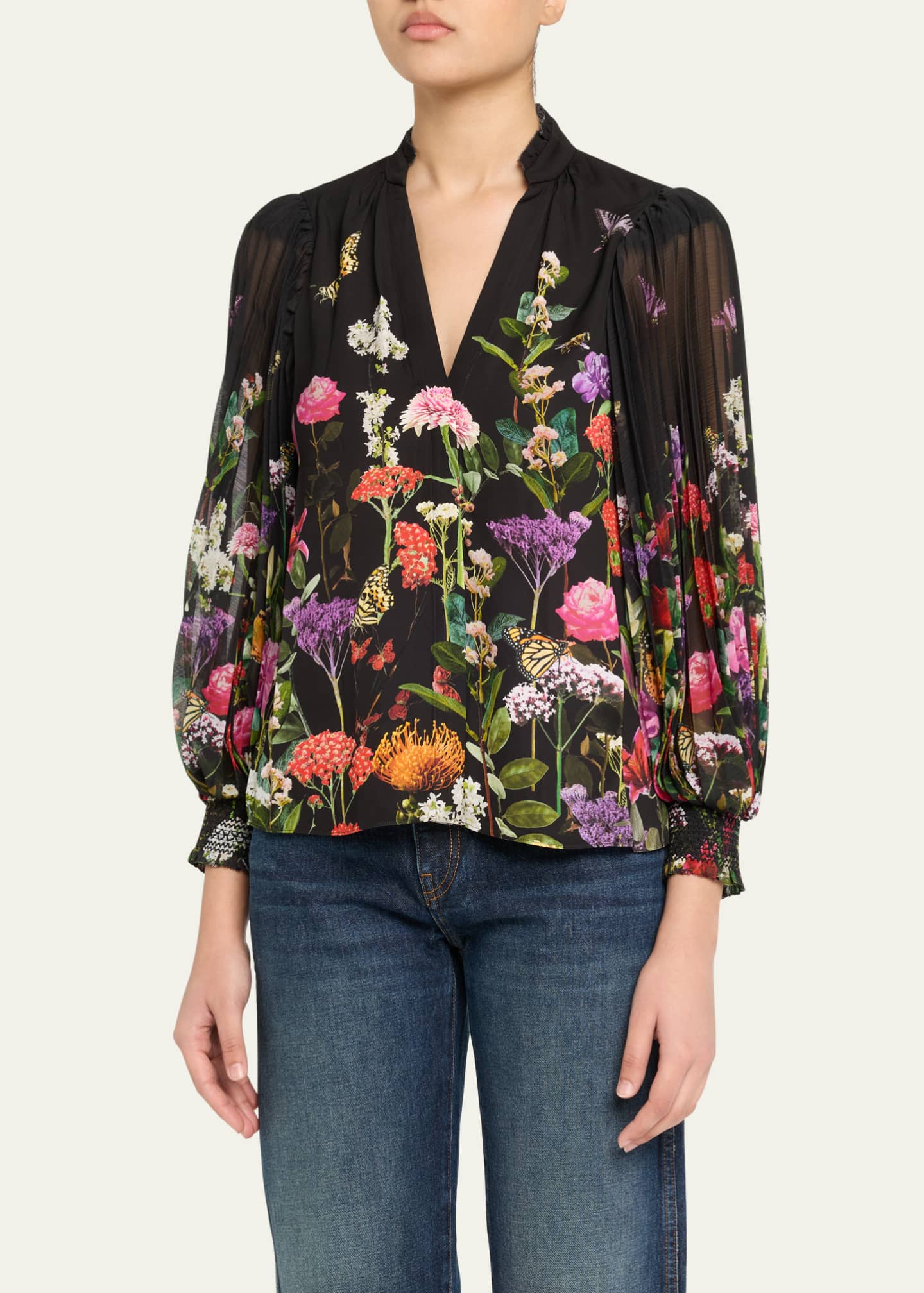 Alice + Olivia Ilan Pleated Blouson-Sleeve Blouse Image 4 of 5