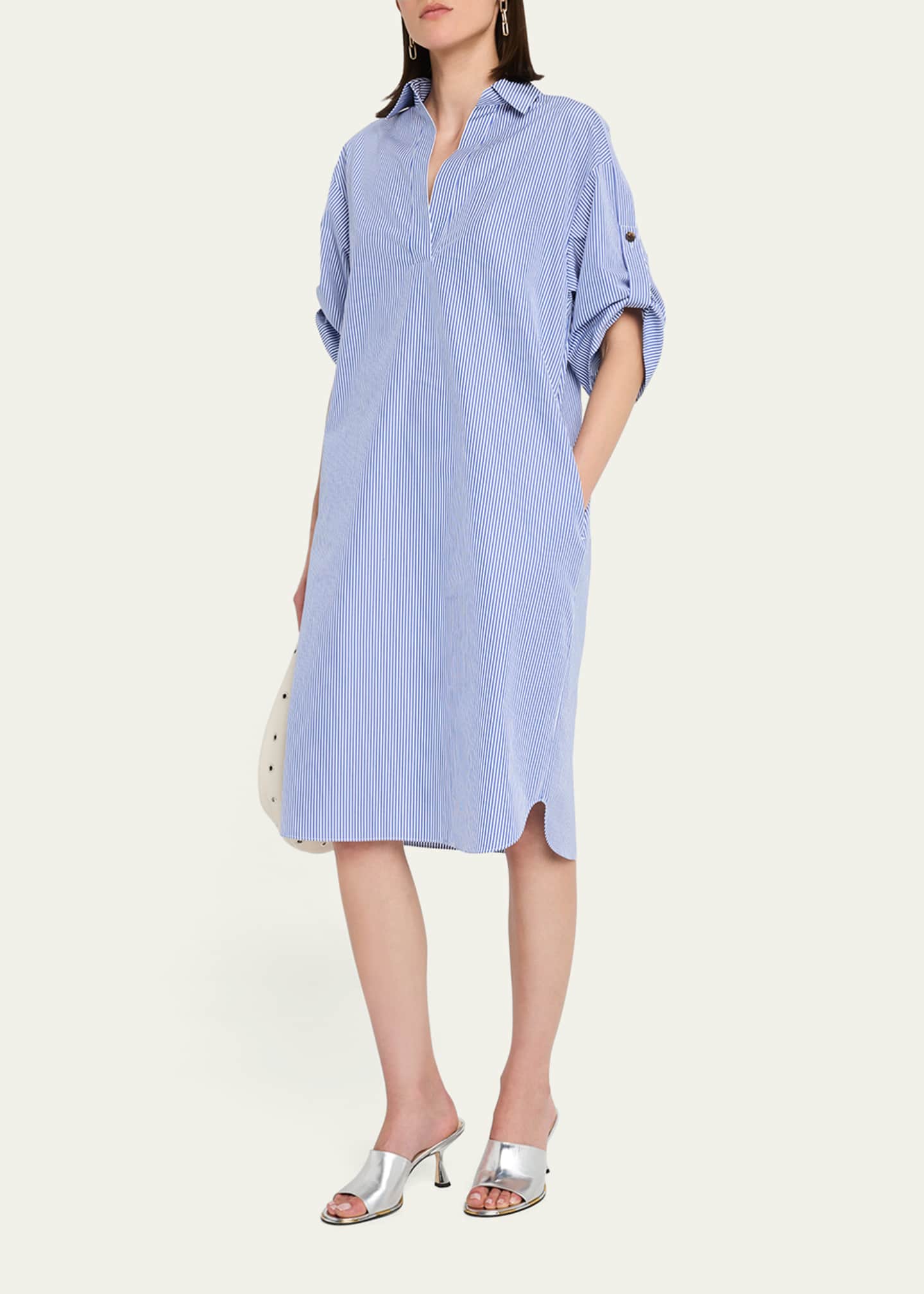 Lafayette 148 New York Striped Rolled-Sleeve Linen Midi Shirtdress Image 2 of 5