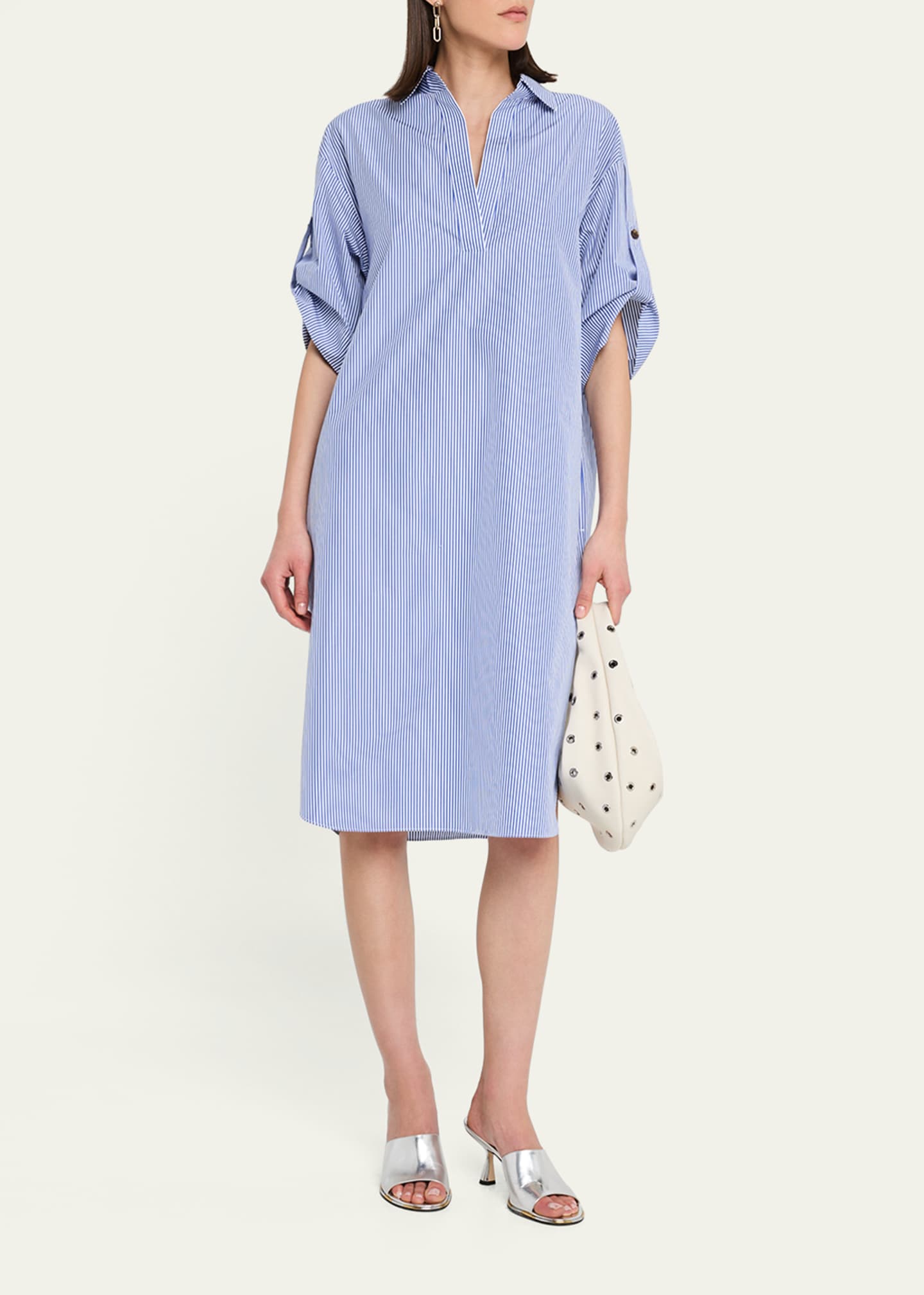 Lafayette 148 New York Striped Rolled-Sleeve Linen Midi Shirtdress Image 4 of 5