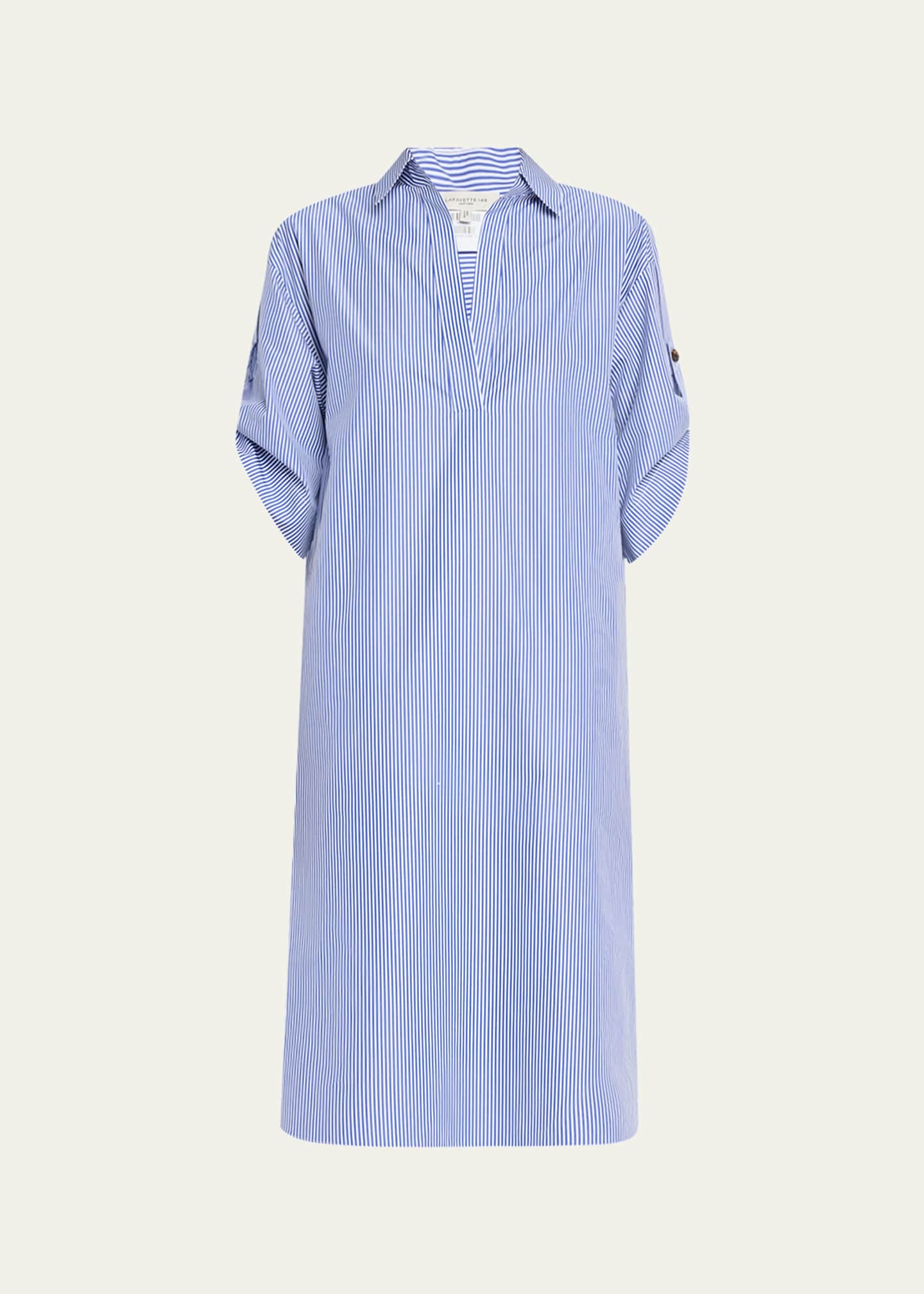 Lafayette 148 New York Striped Rolled-Sleeve Linen Midi Shirtdress Image 1 of 5