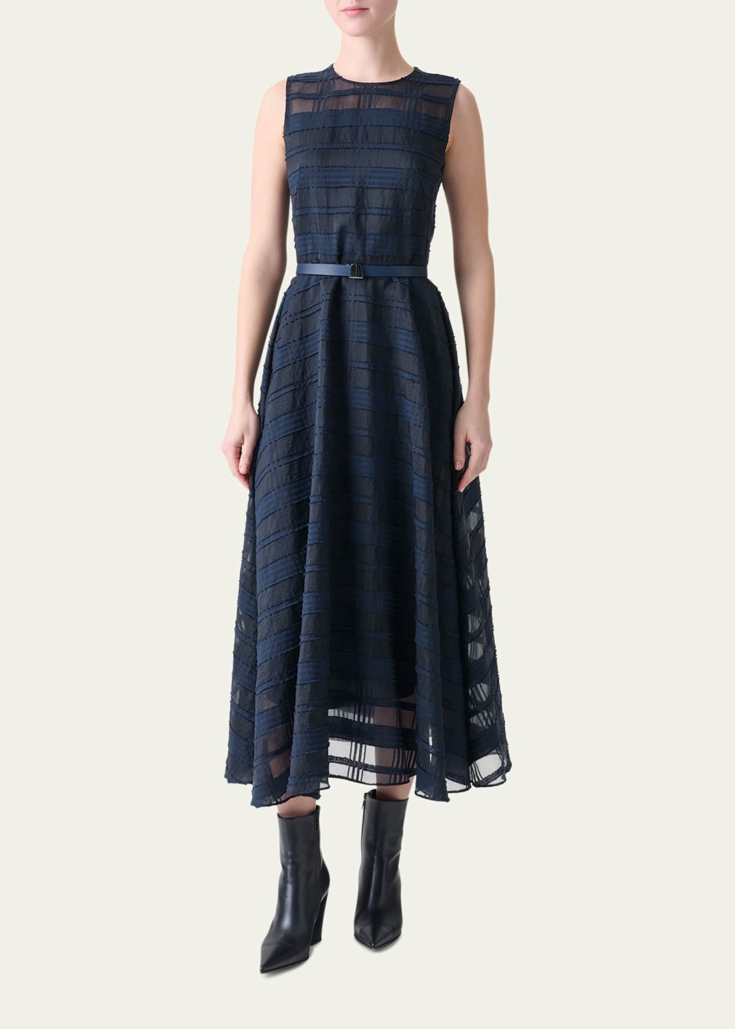 Akris Organdy Plaid Sleeveless A-Line Midi Dress With Belt Image 2 of 5