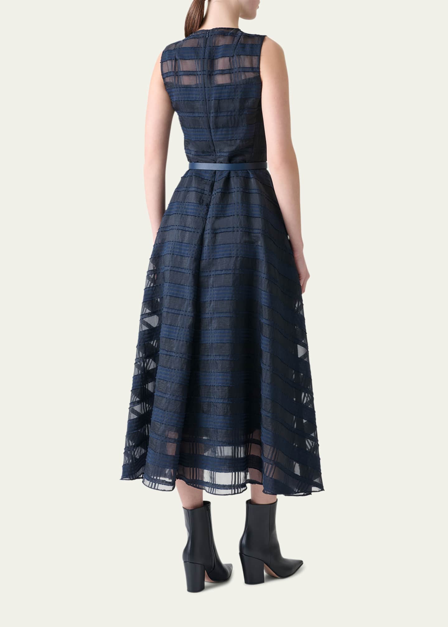 Akris Organdy Plaid Sleeveless A-Line Midi Dress With Belt Image 3 of 5