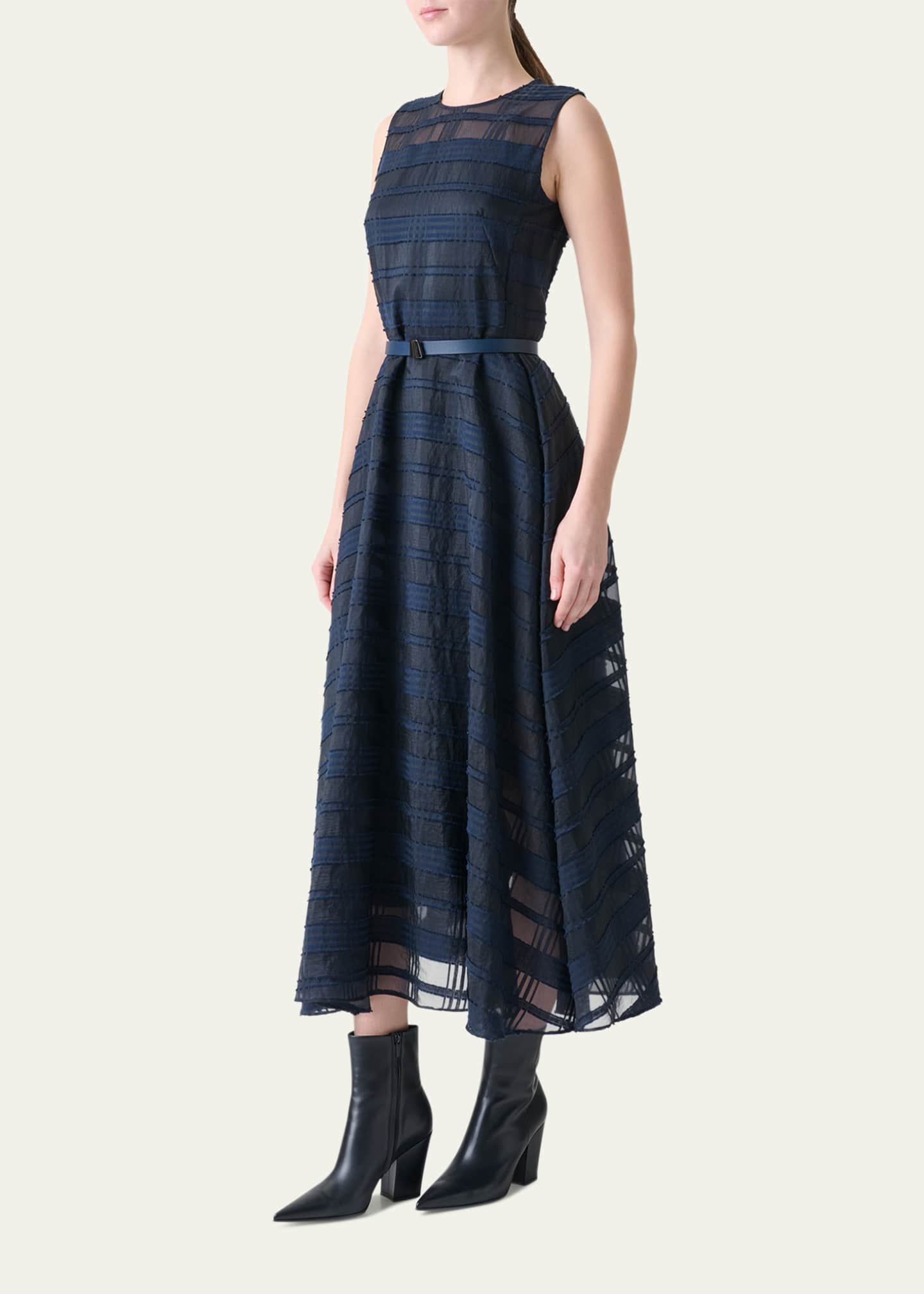 Akris Organdy Plaid Sleeveless A-Line Midi Dress With Belt Image 4 of 5