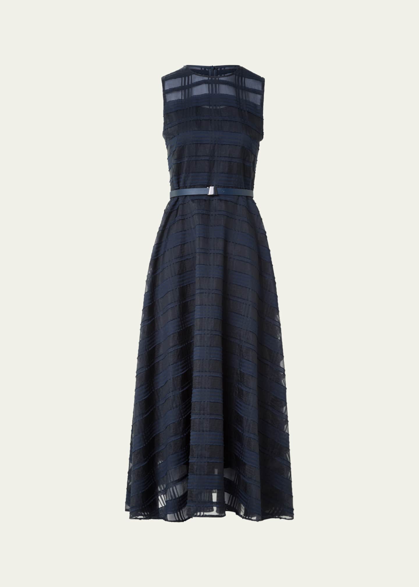Akris Organdy Plaid Sleeveless A-Line Midi Dress With Belt Image 1 of 5