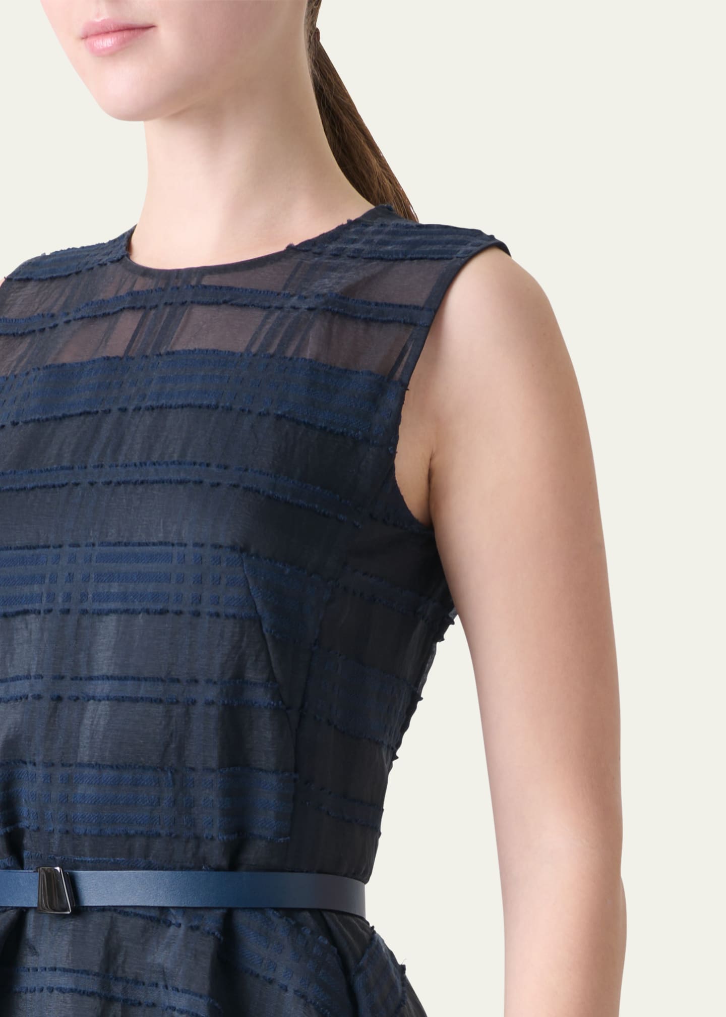 Akris Organdy Plaid Sleeveless A-Line Midi Dress With Belt Image 5 of 5