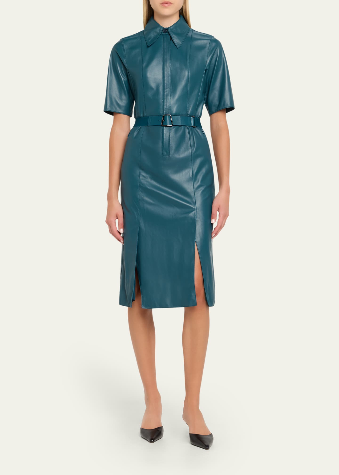 Akris Short-Sleeve Nappa Leather Belted Shirtdress - Bergdorf Goodman