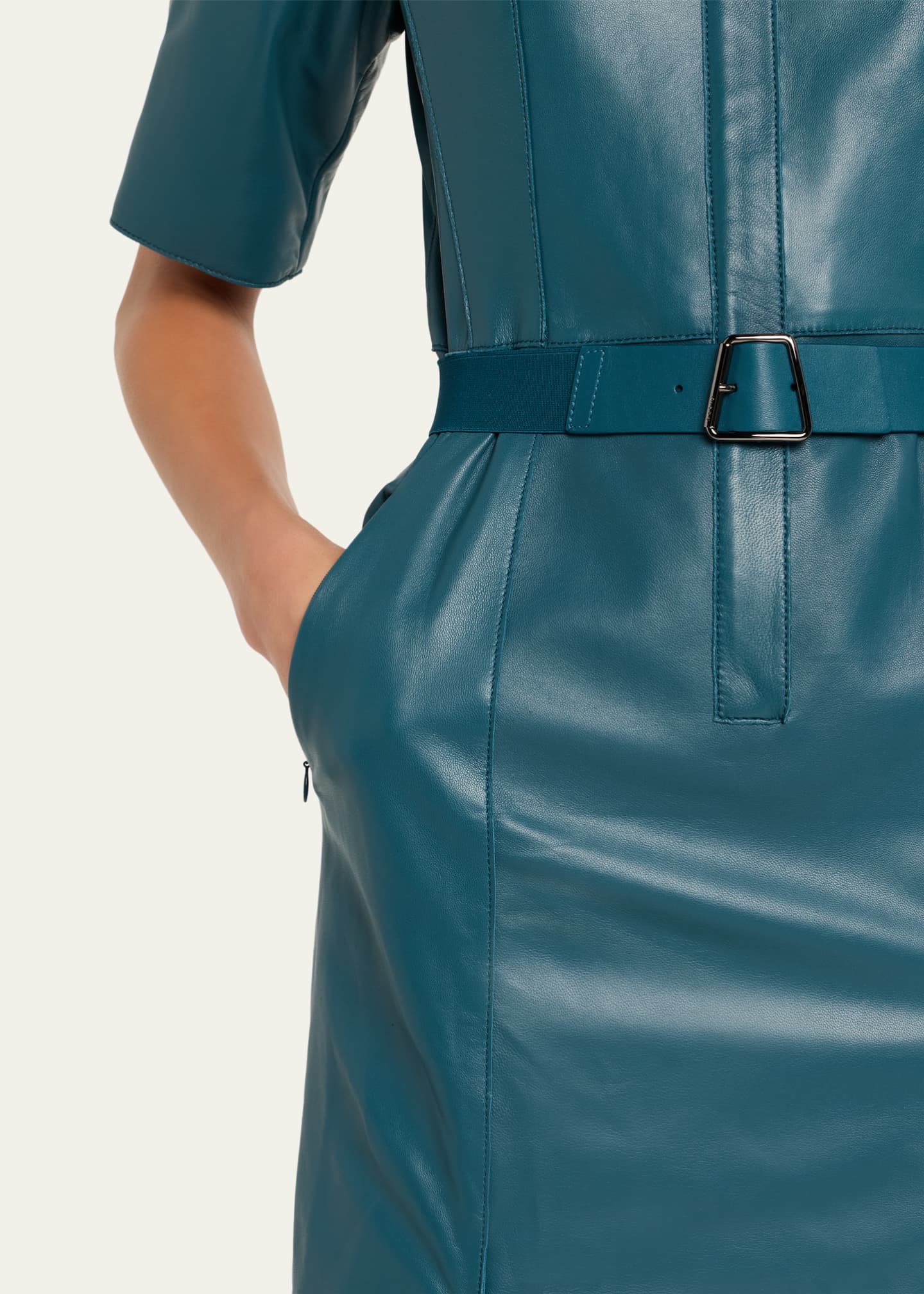Akris Short-Sleeve Nappa Leather Belted Shirtdress, River Green, Women's, 6, Casual & Work Dresses Shirtdresses Button-Down Shirt Dresses