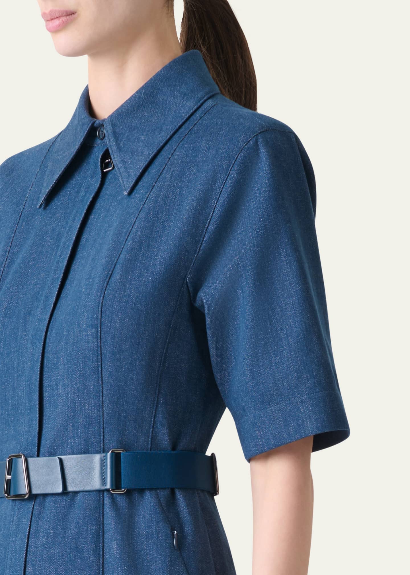 akris punto belted denim dress Akris Belted Stretch Cotton Denim Shirtdress