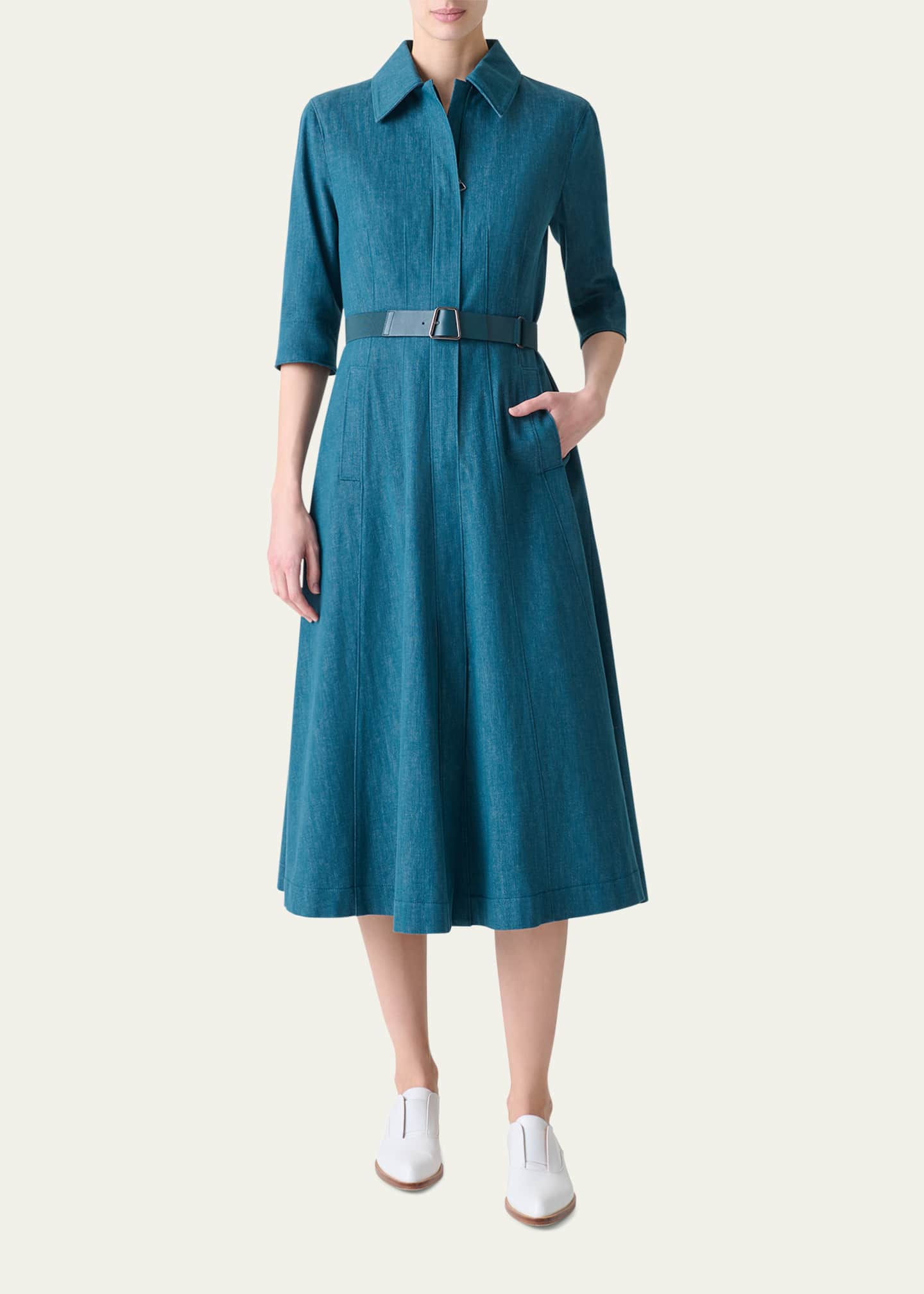 Akris Belted Cotton Denim Stretch Midi Dress Image 2 of 5