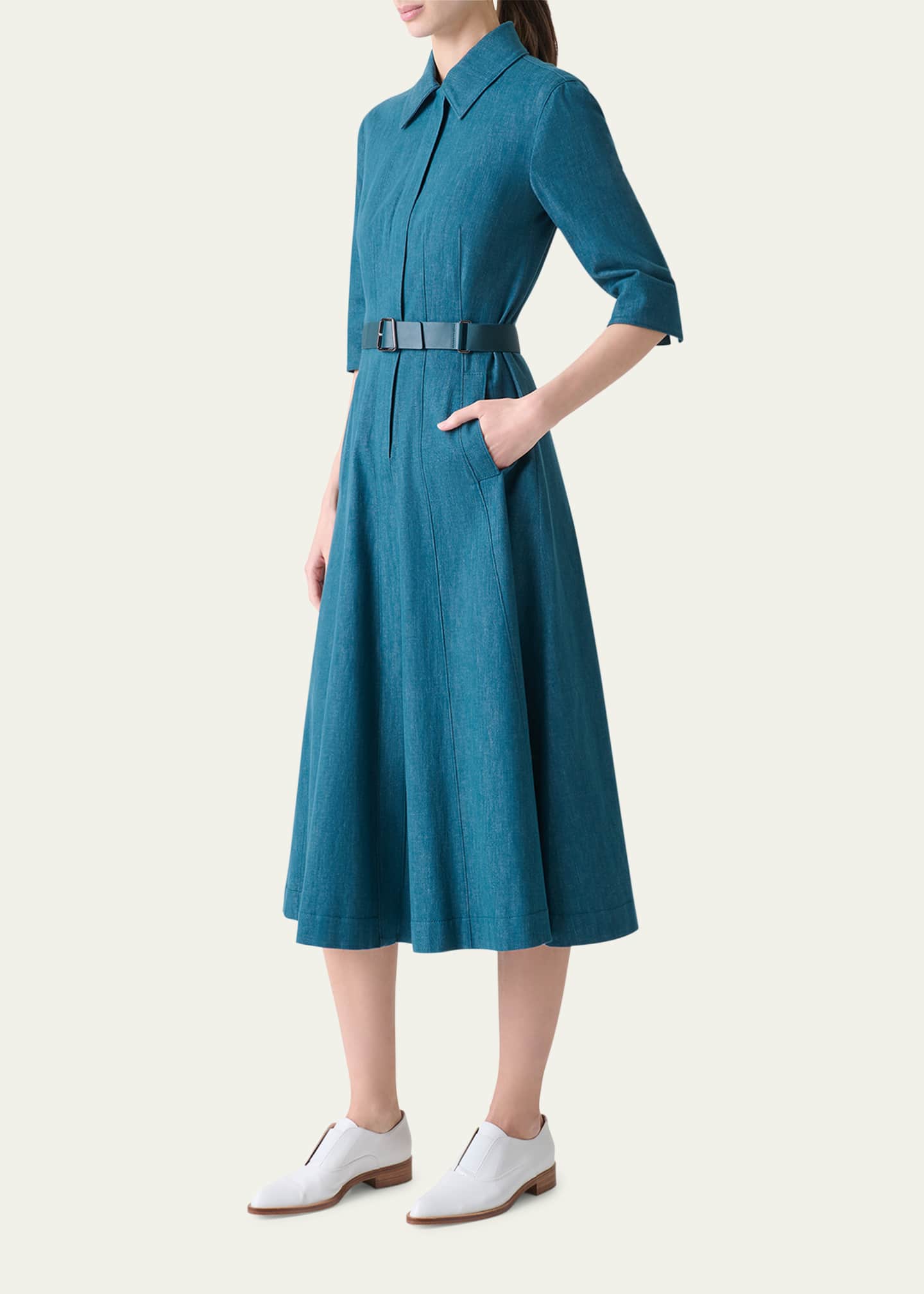 Akris Belted Cotton Denim Stretch Midi Dress Image 4 of 5