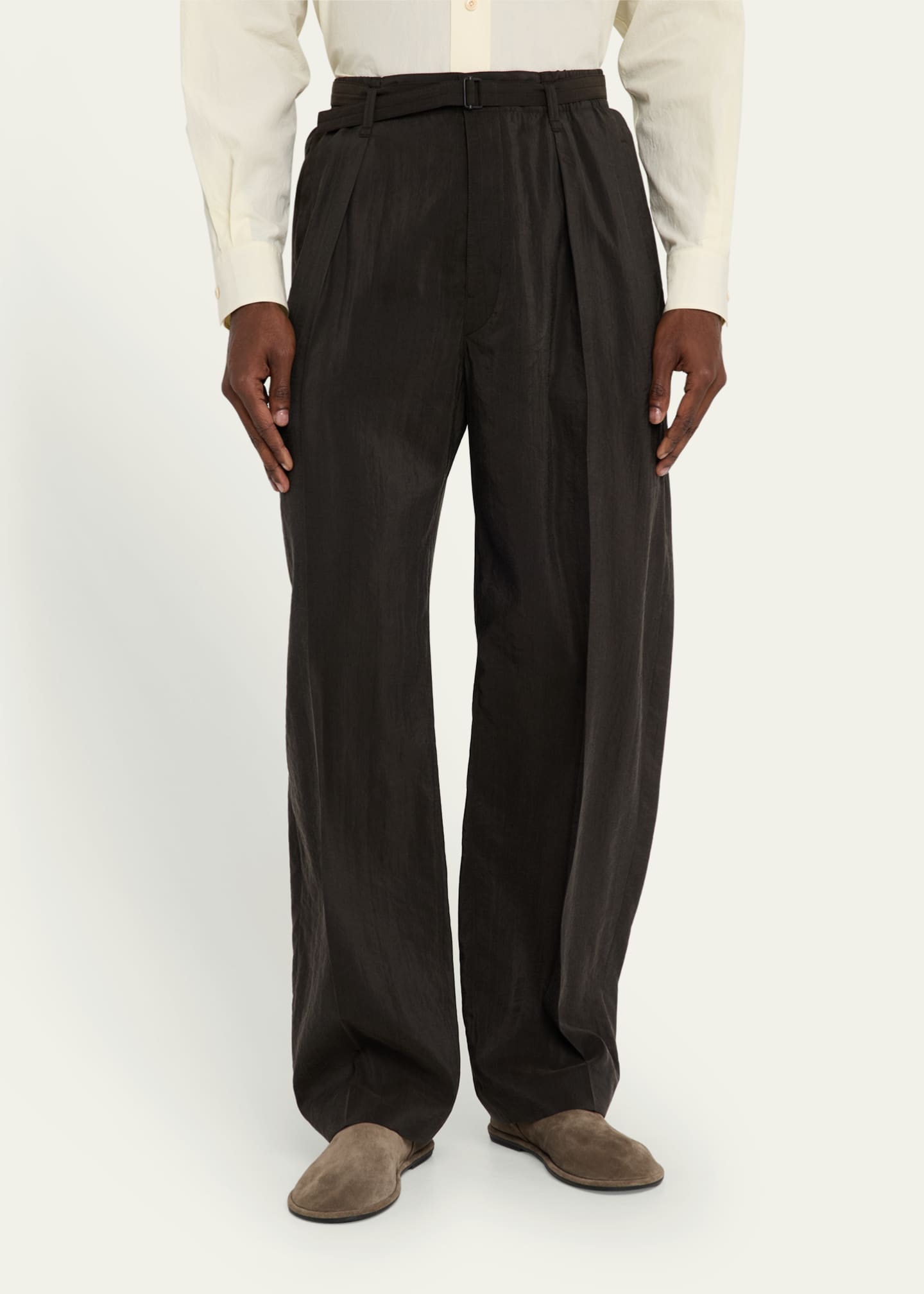 LEMAIRE Men's Belted Silk Relaxed-Fit Pants Image 4 of 5