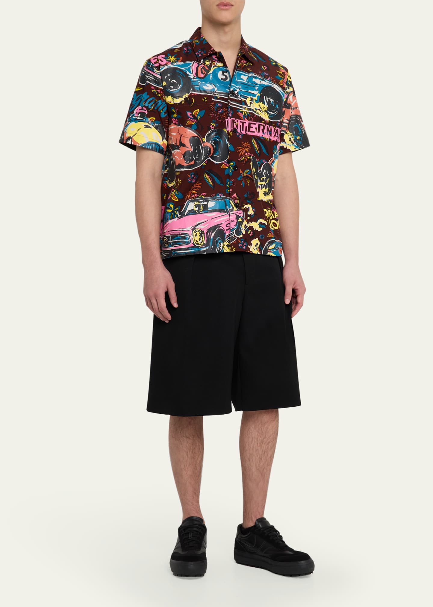 SACAI Men's Coated Car Race-Print Camp Shirt Image 2 of 5