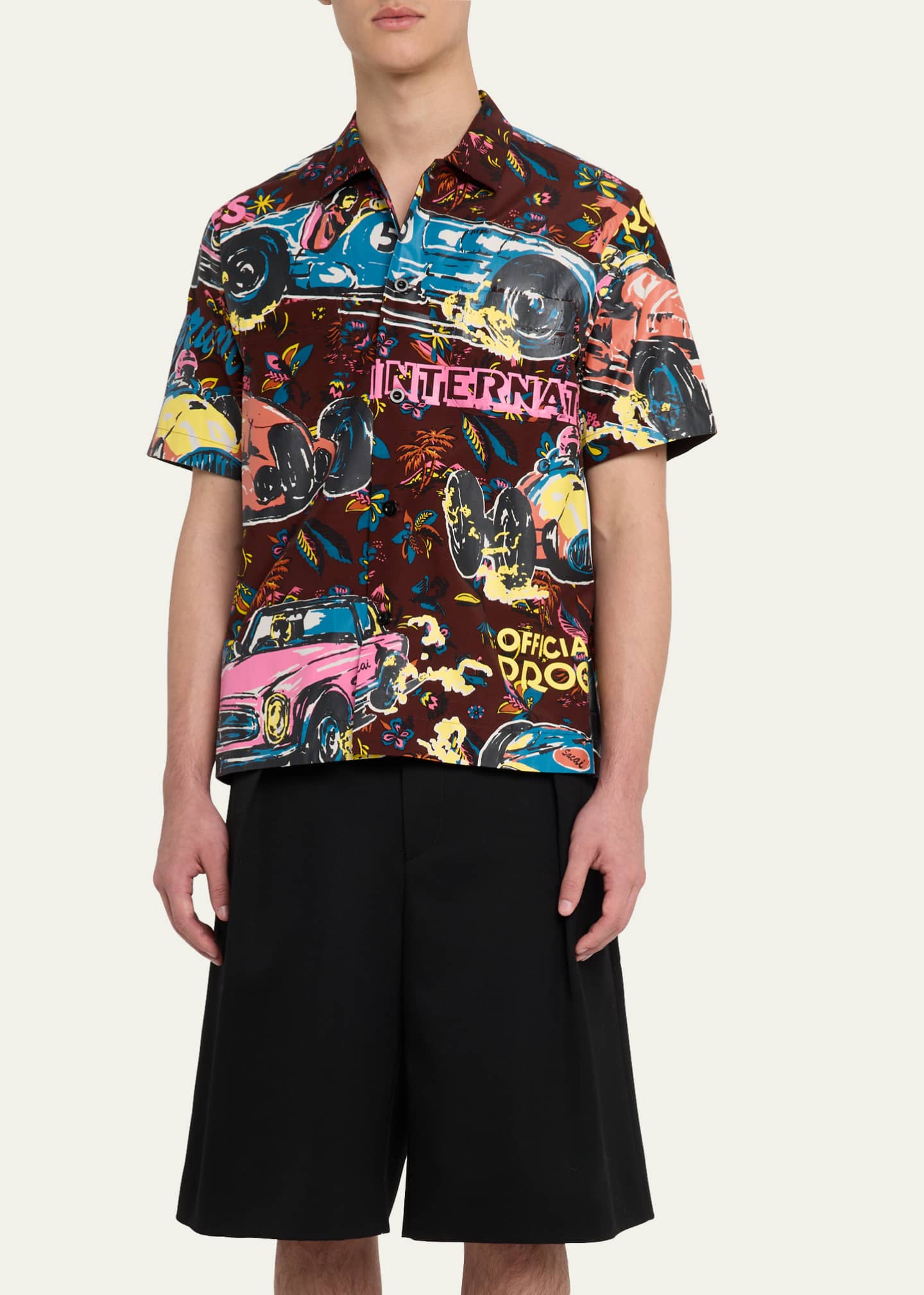 SACAI Men's Coated Car Race-Print Camp Shirt Image 4 of 5