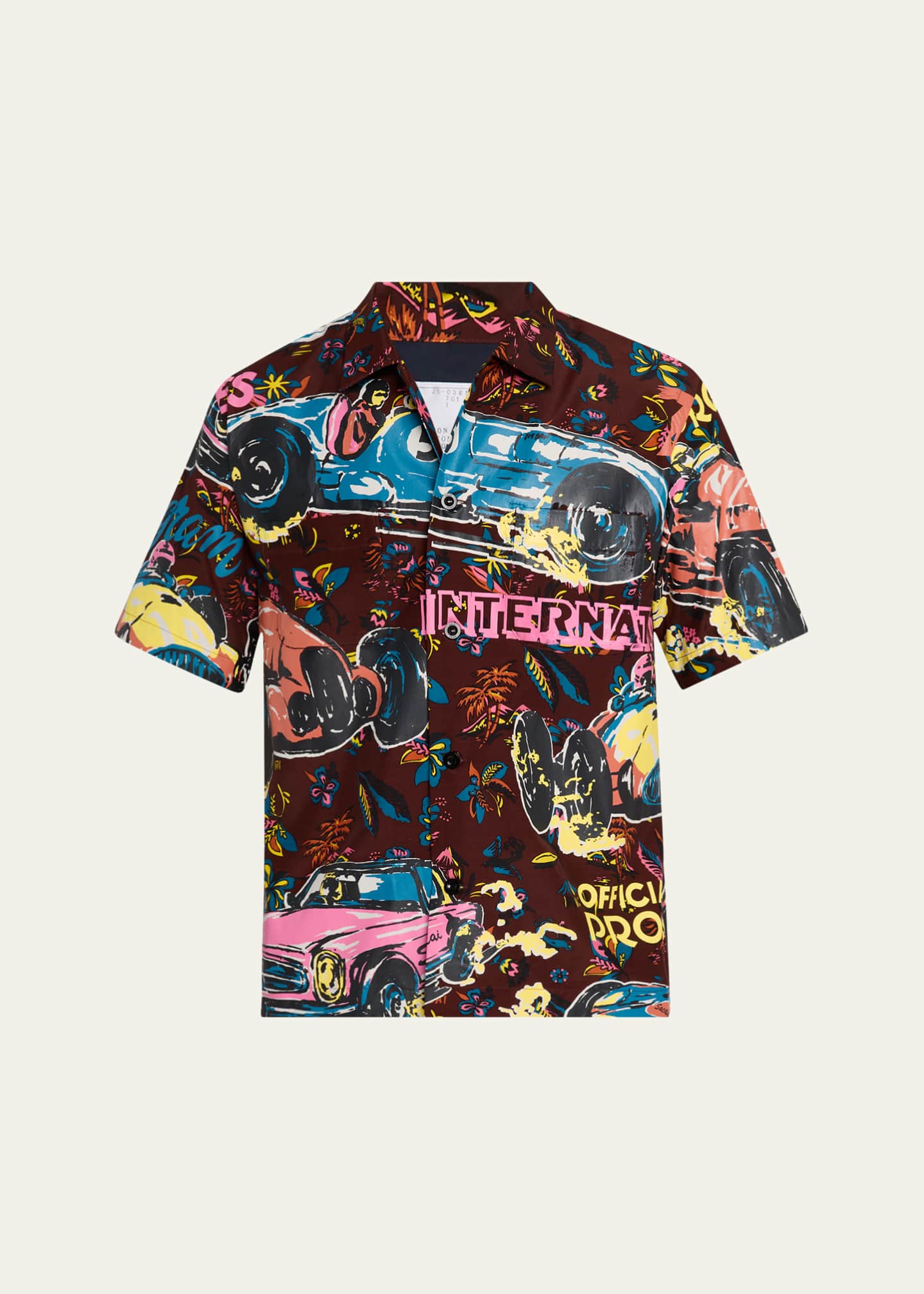 SACAI Men's Coated Car Race-Print Camp Shirt Image 1 of 5