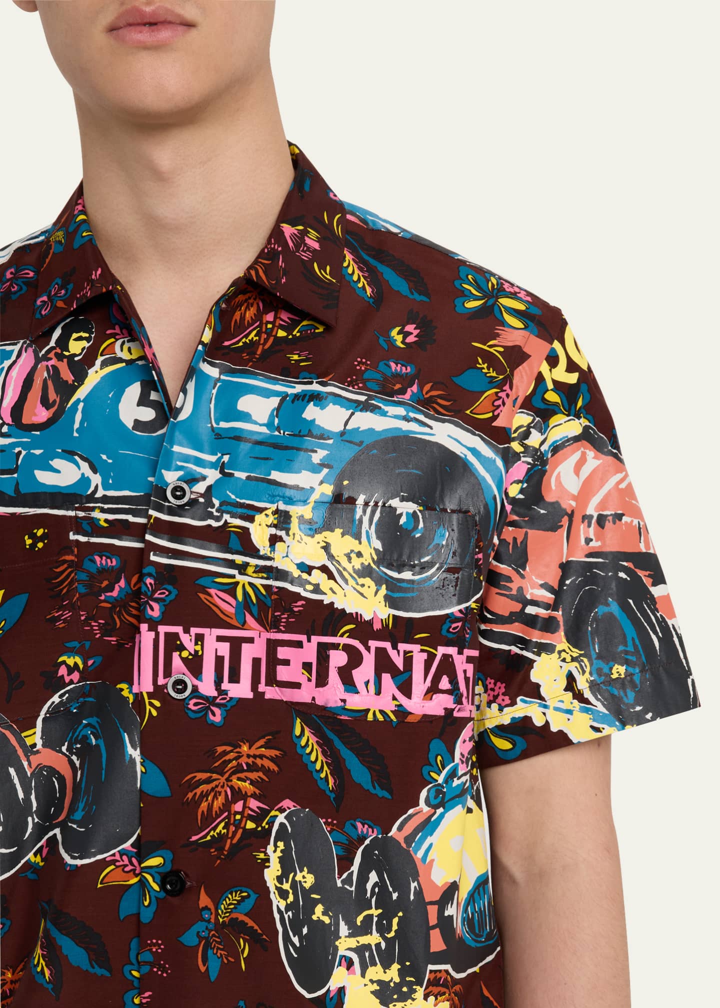 SACAI Men's Coated Car Race-Print Camp Shirt Image 5 of 5