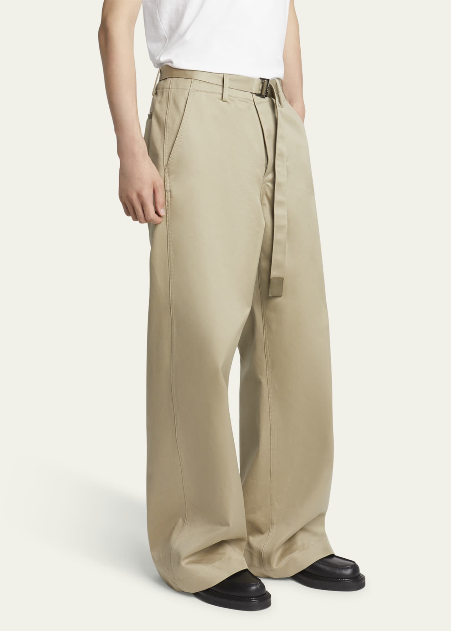 Sacai Men's Wide-leg Belted Chino Pants, Beige, Men's, 4, Pants & Shorts Twill & Chino Pants
