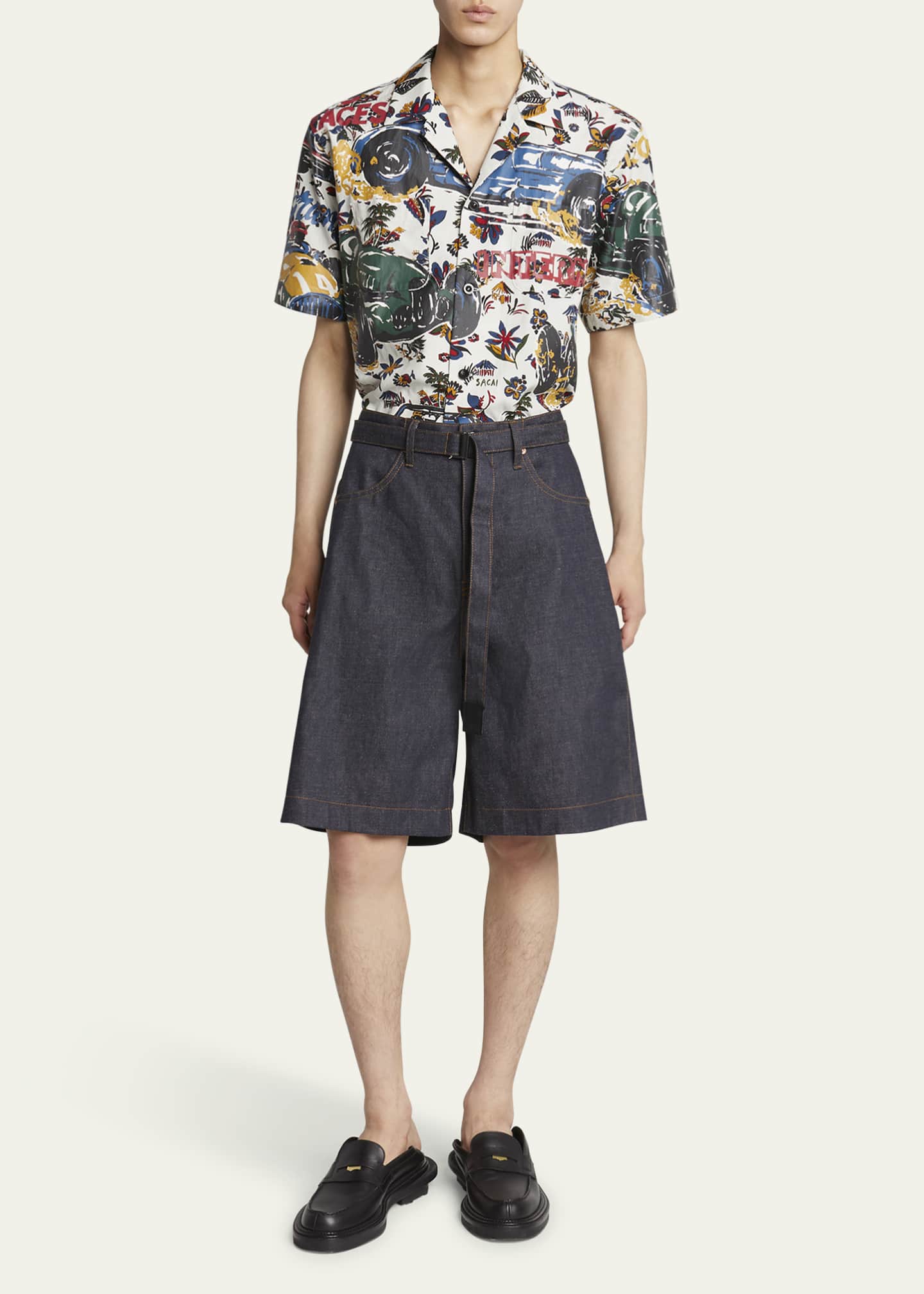 SACAI Men's Wide-Leg Raw Denim Shorts